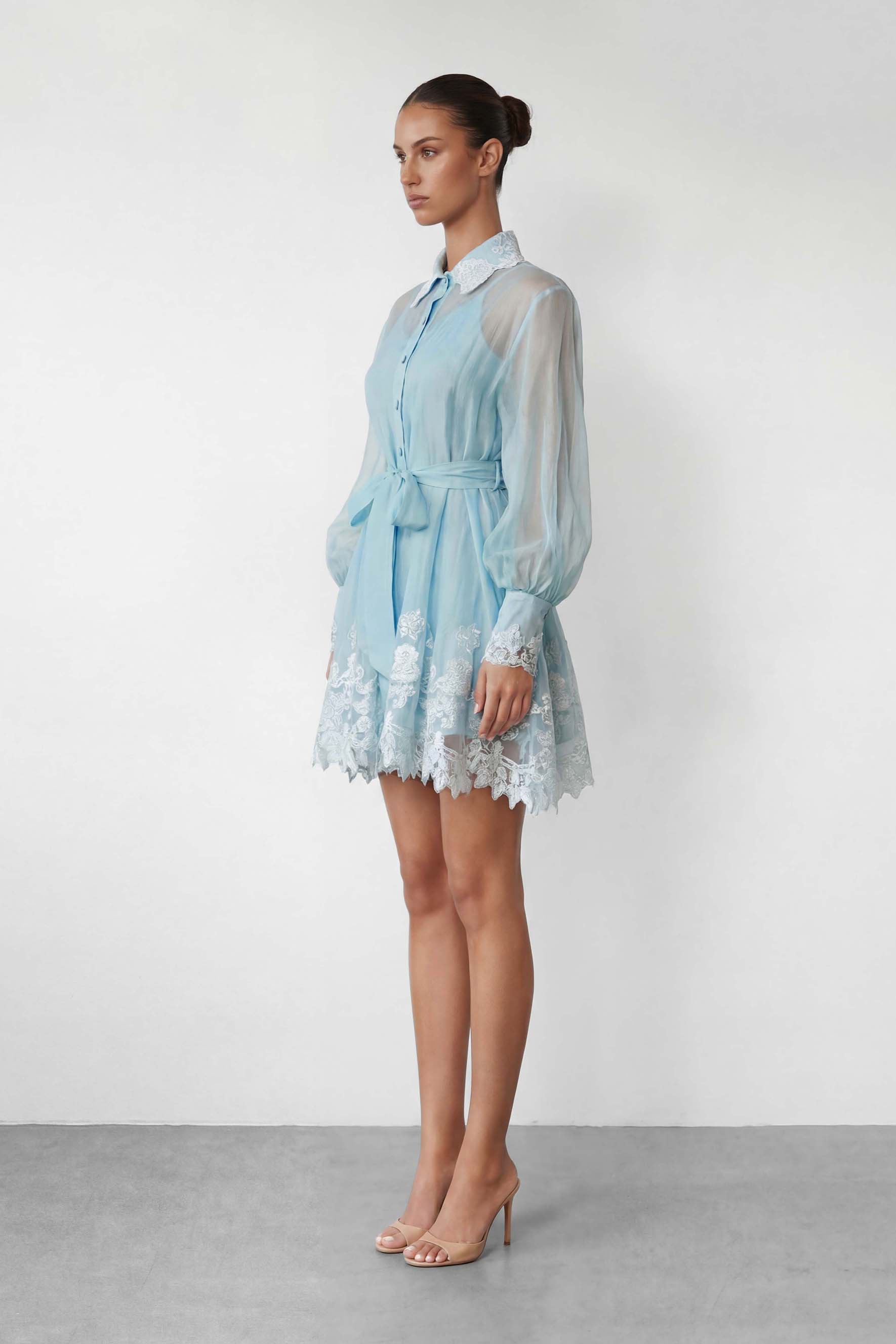 Blooming Love Blue Puff Sleeve Lace Trim Mini Dress