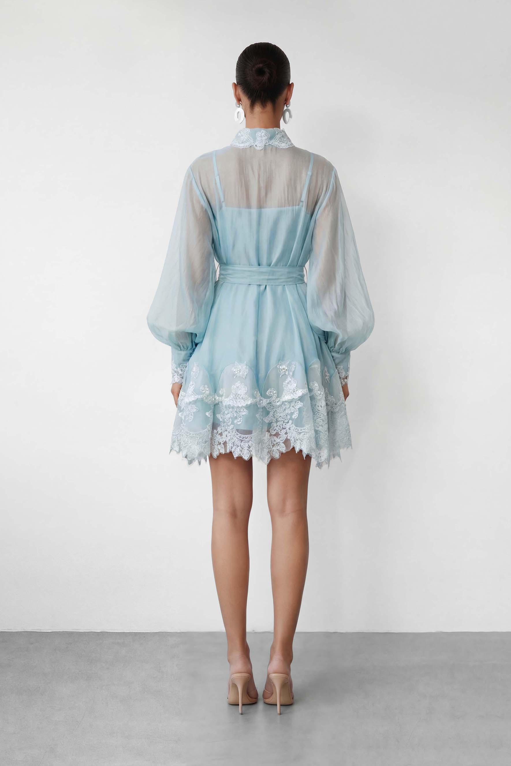 Blooming Love Blue Puff Sleeve Lace Trim Mini Dress