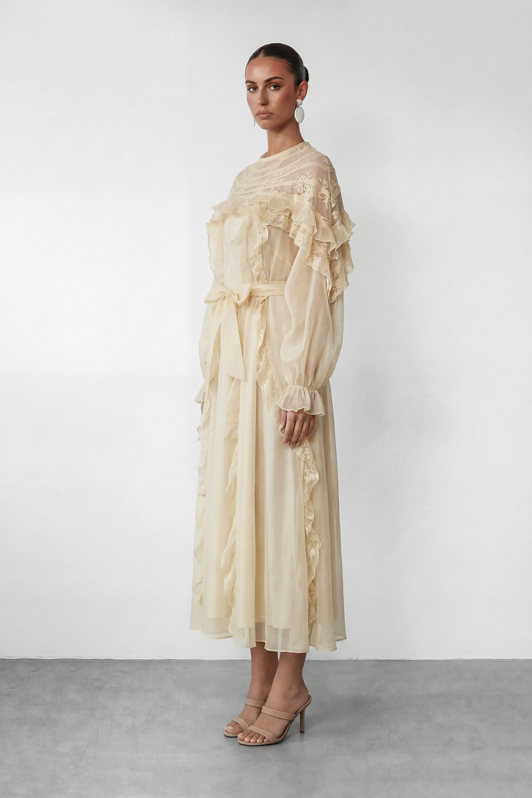 Lovely Day Beige Ruffle Belted Maxi Dress