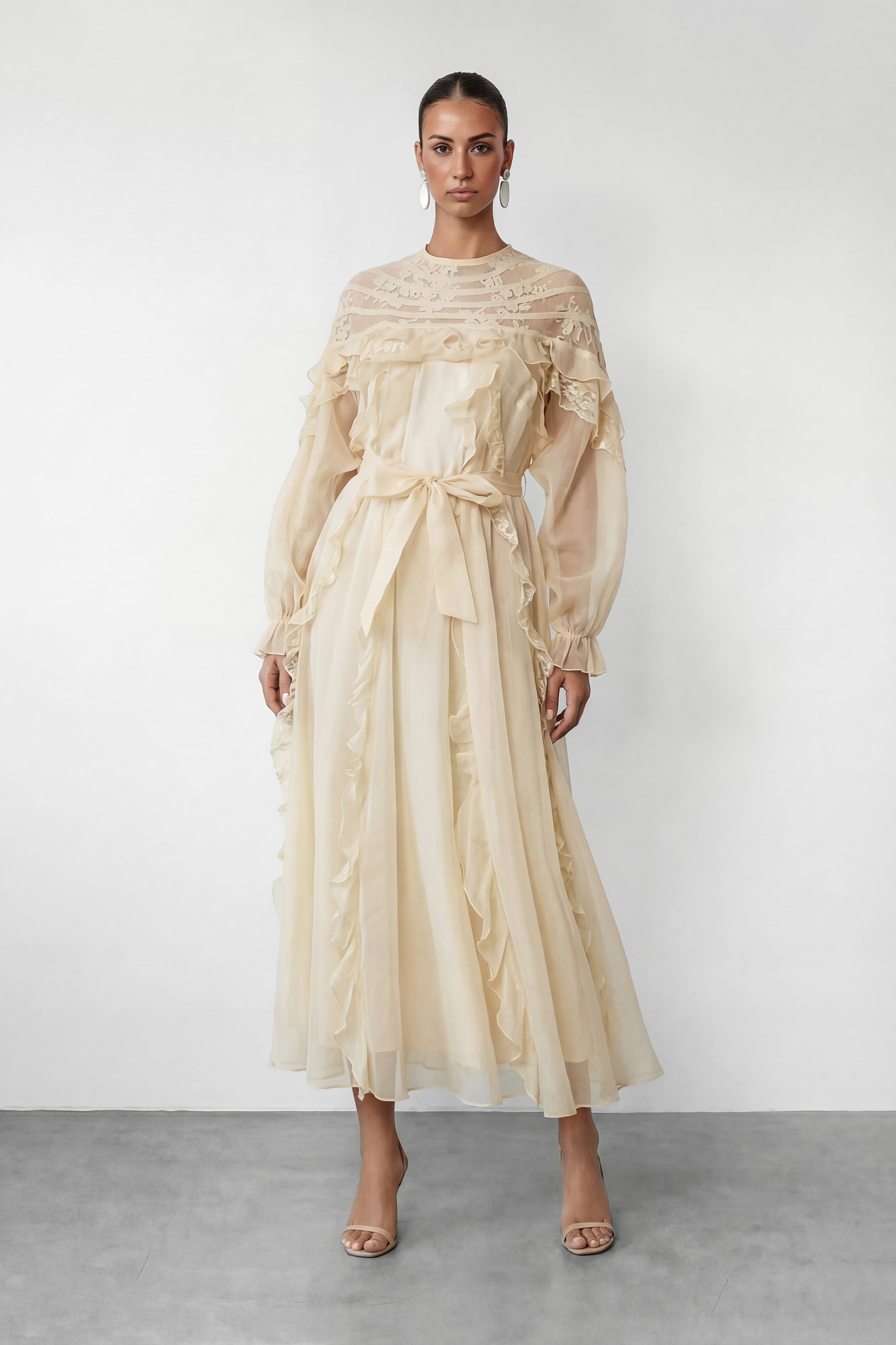 Lovely Day Beige Ruffle Belted Maxi Dress