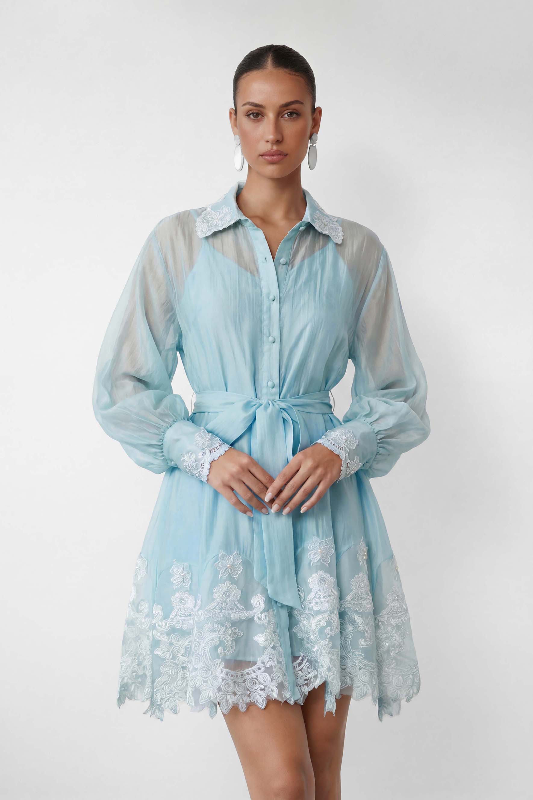 Blooming Love Blue Puff Sleeve Lace Trim Mini Dress