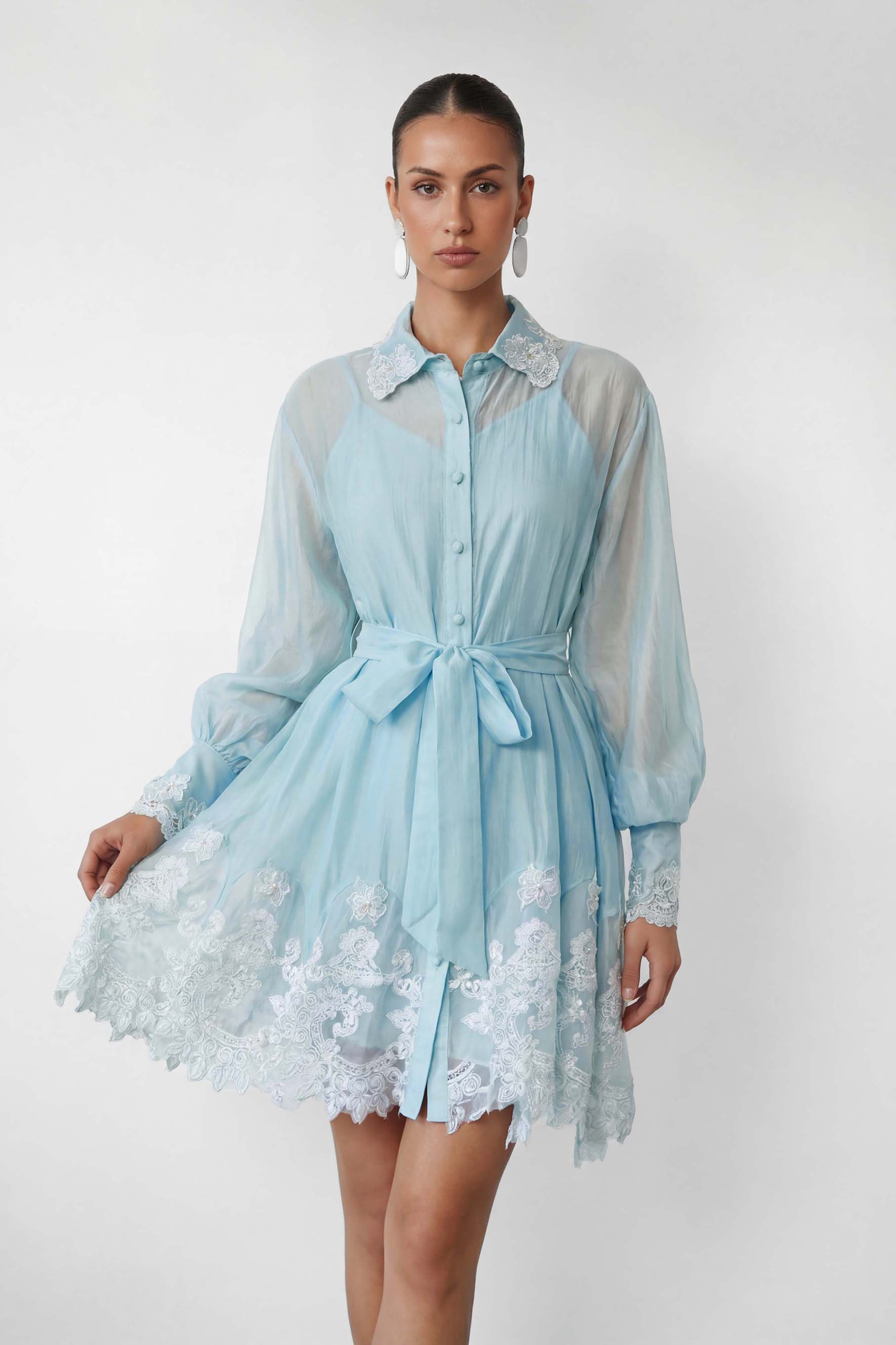 Blooming Love Blue Puff Sleeve Lace Trim Mini Dress