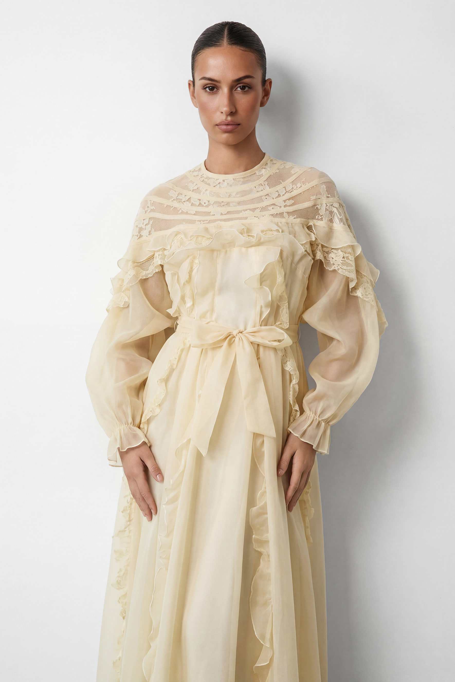 Lovely Day Beige Ruffle Belted Maxi Dress
