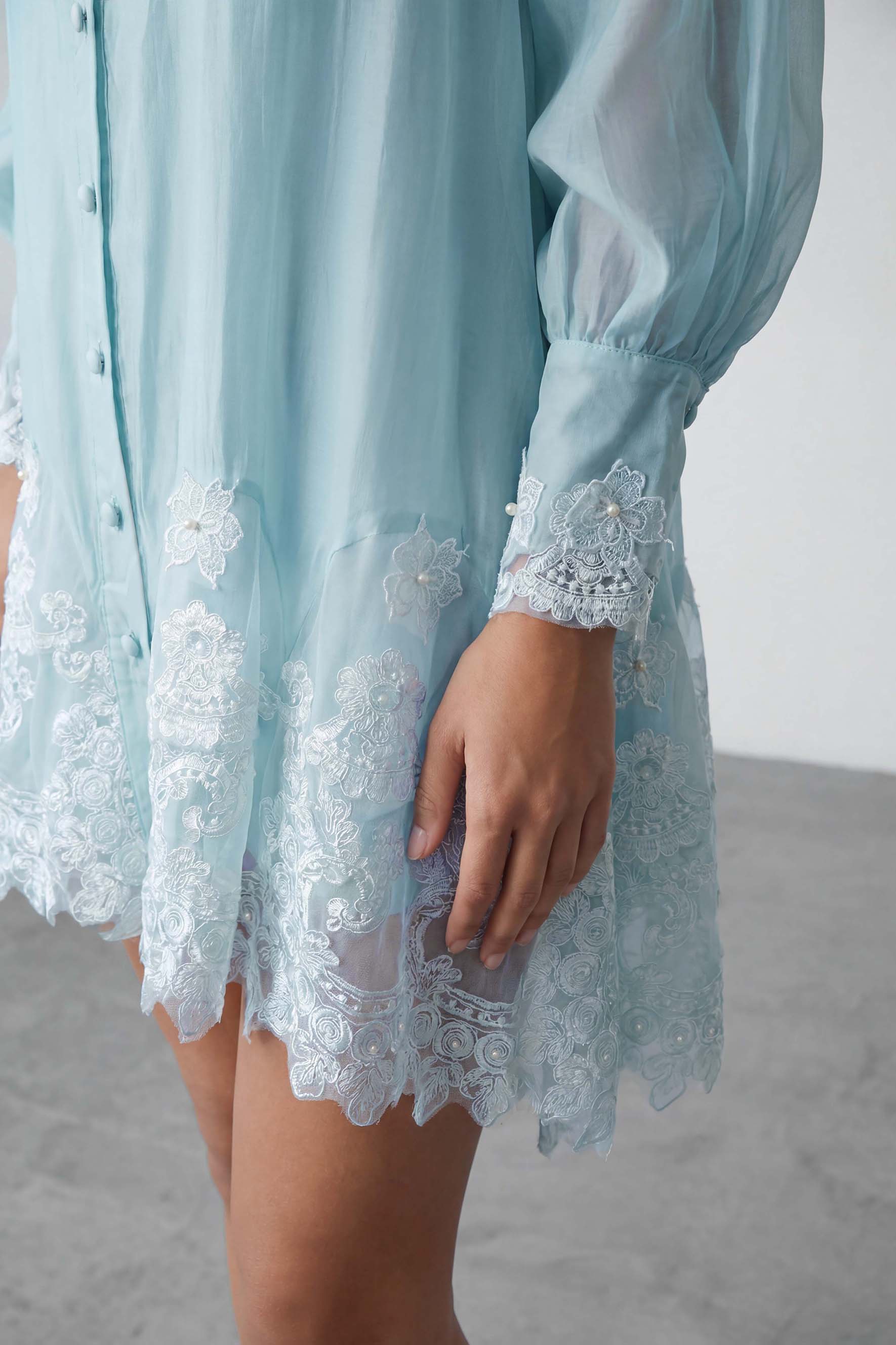 Blooming Love Blue Puff Sleeve Lace Trim Mini Dress