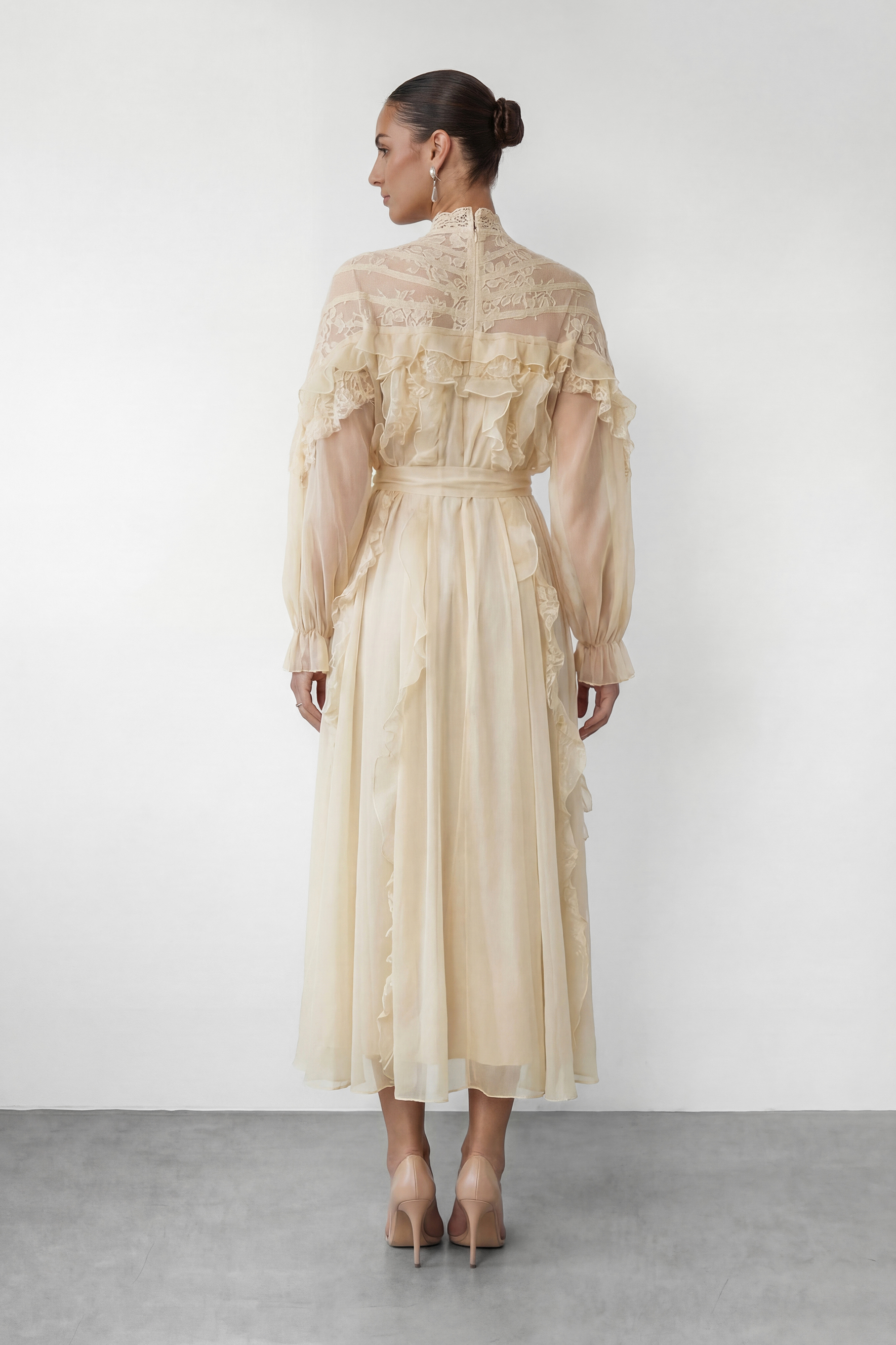 Lovely Day Beige Ruffle Belted Maxi Dress
