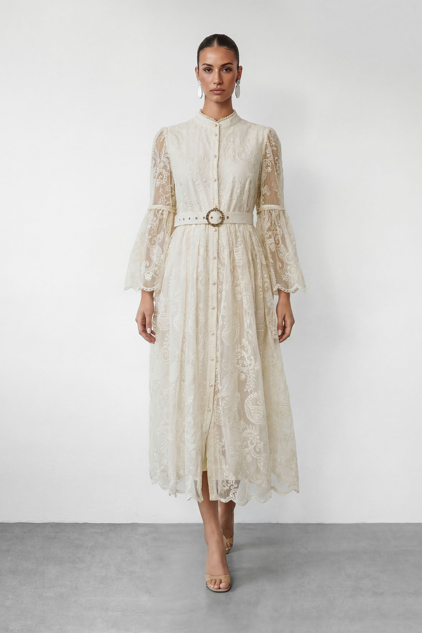 Admirable Elegance Beige Lace Embroidered Sheer Sleeve Maxi Dress