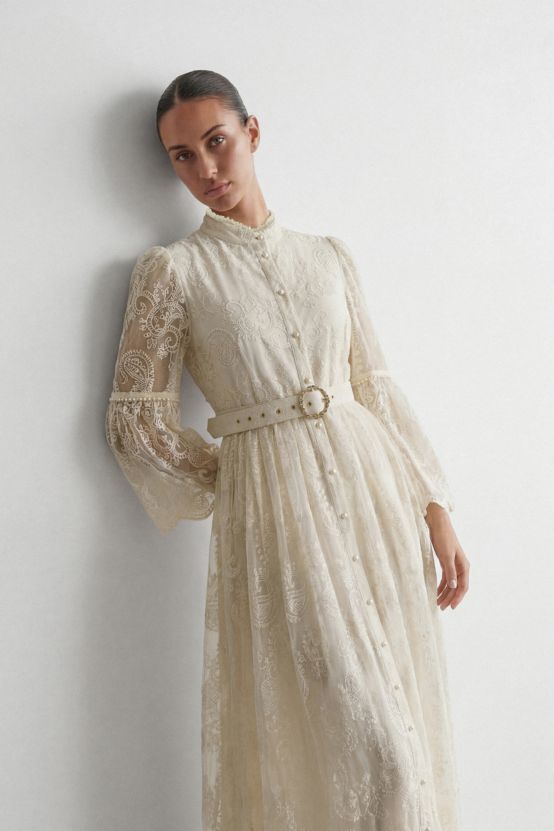 Admirable Elegance Beige Lace Embroidered Sheer Sleeve Maxi Dress