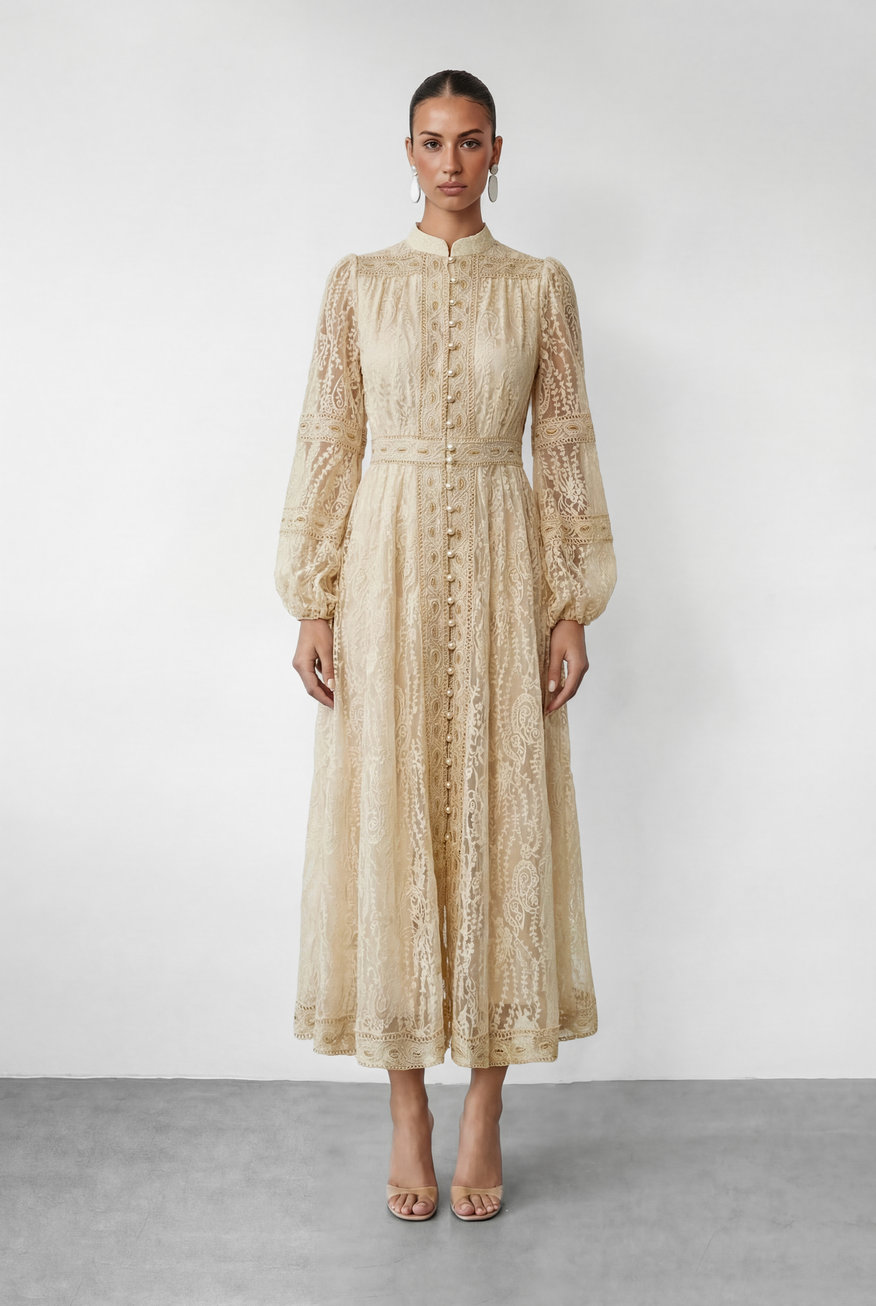 Attracted To You Beige Lace Stand Collar Lace Maxi Dress