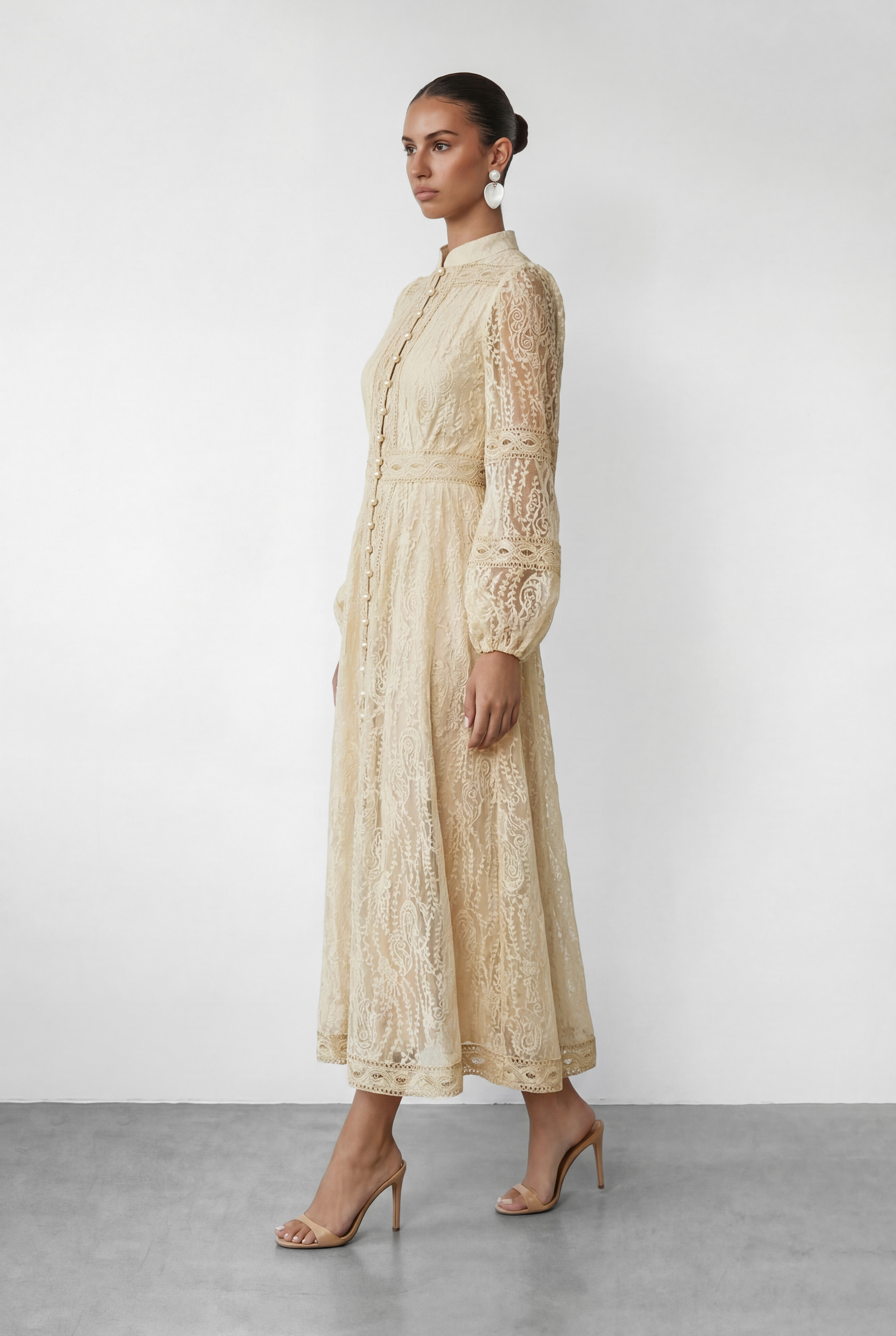 Attracted To You Beige Lace Stand Collar Lace Maxi Dress