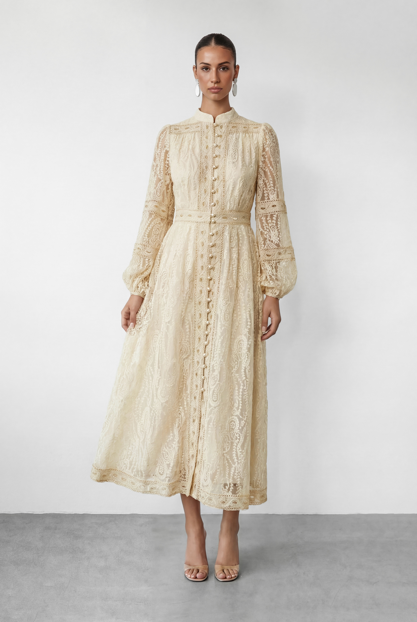 Attracted To You Beige Lace Stand Collar Lace Maxi Dress