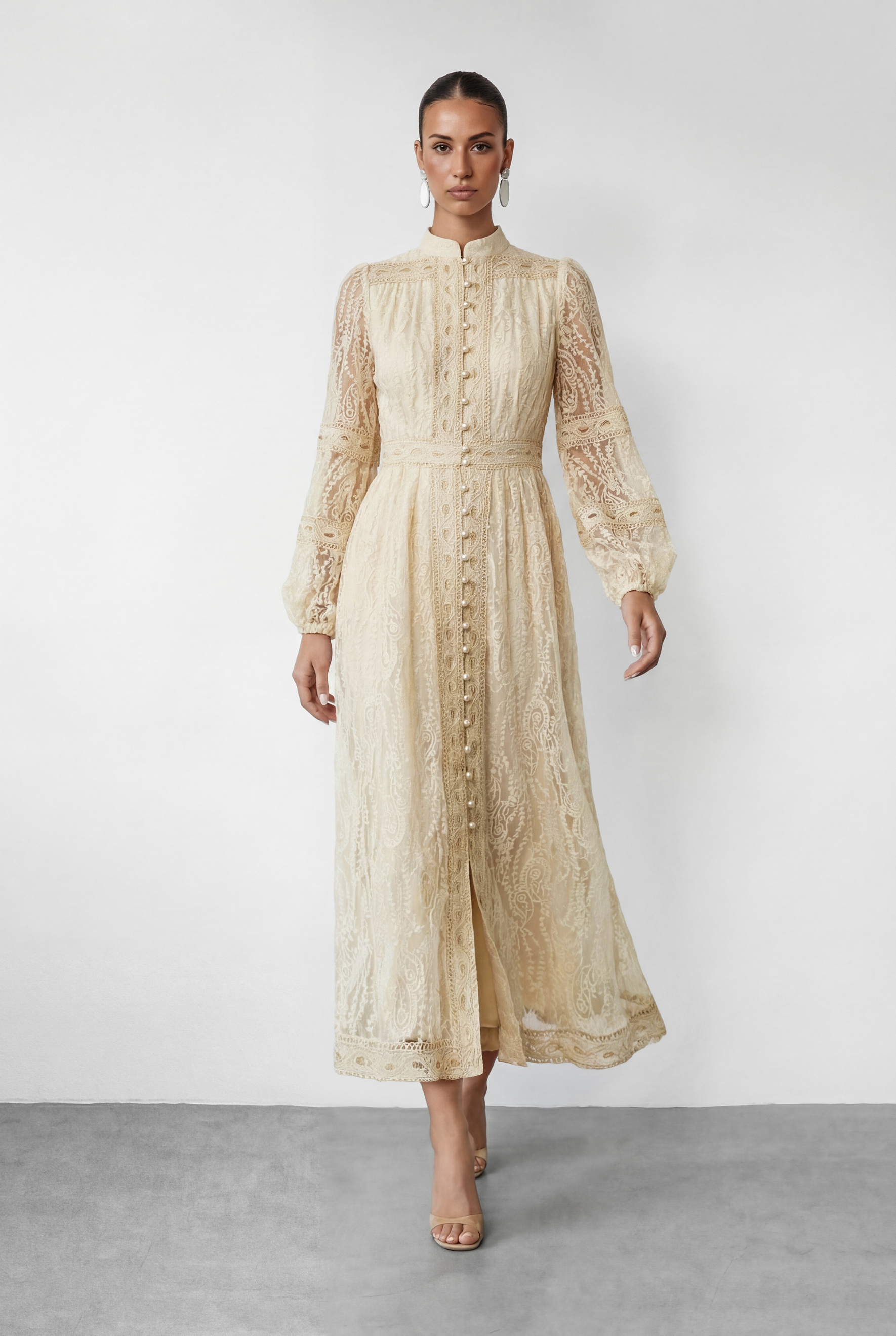 Attracted To You Beige Lace Stand Collar Lace Maxi Dress