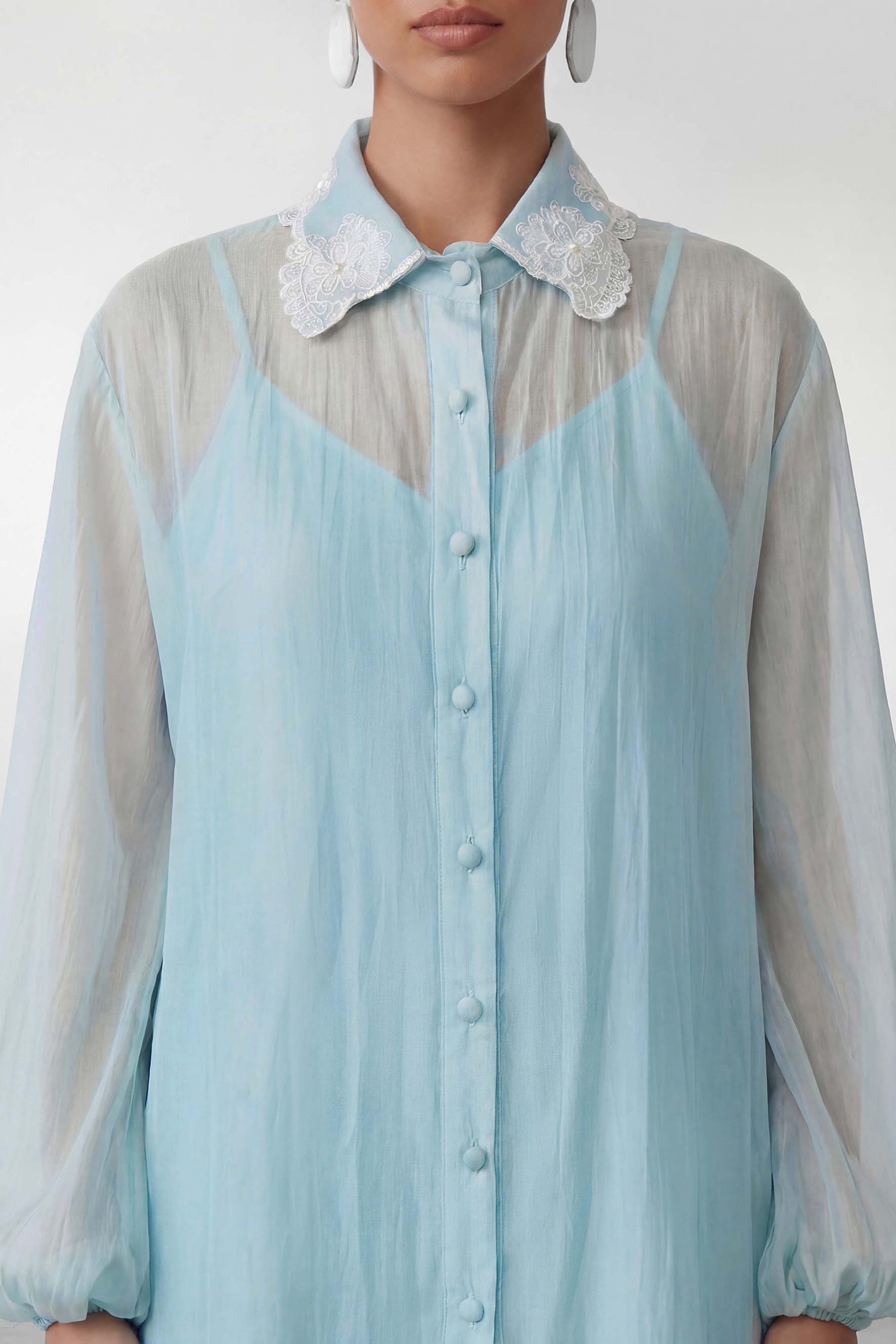 Blooming Love Blue Puff Sleeve Lace Trim Mini Dress