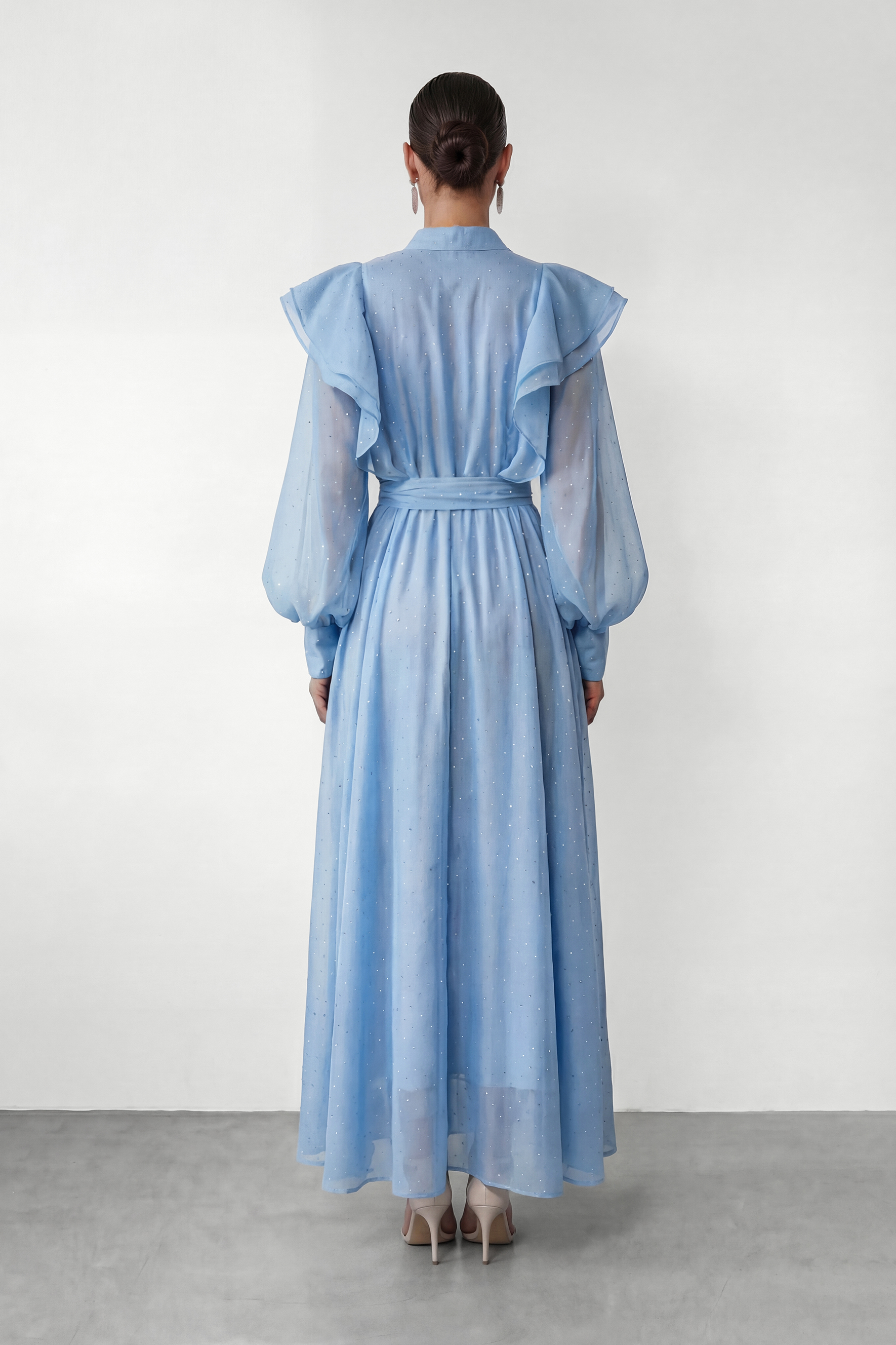 Soft Whisper Blue Rhinestone Ruffle Maxi Dress