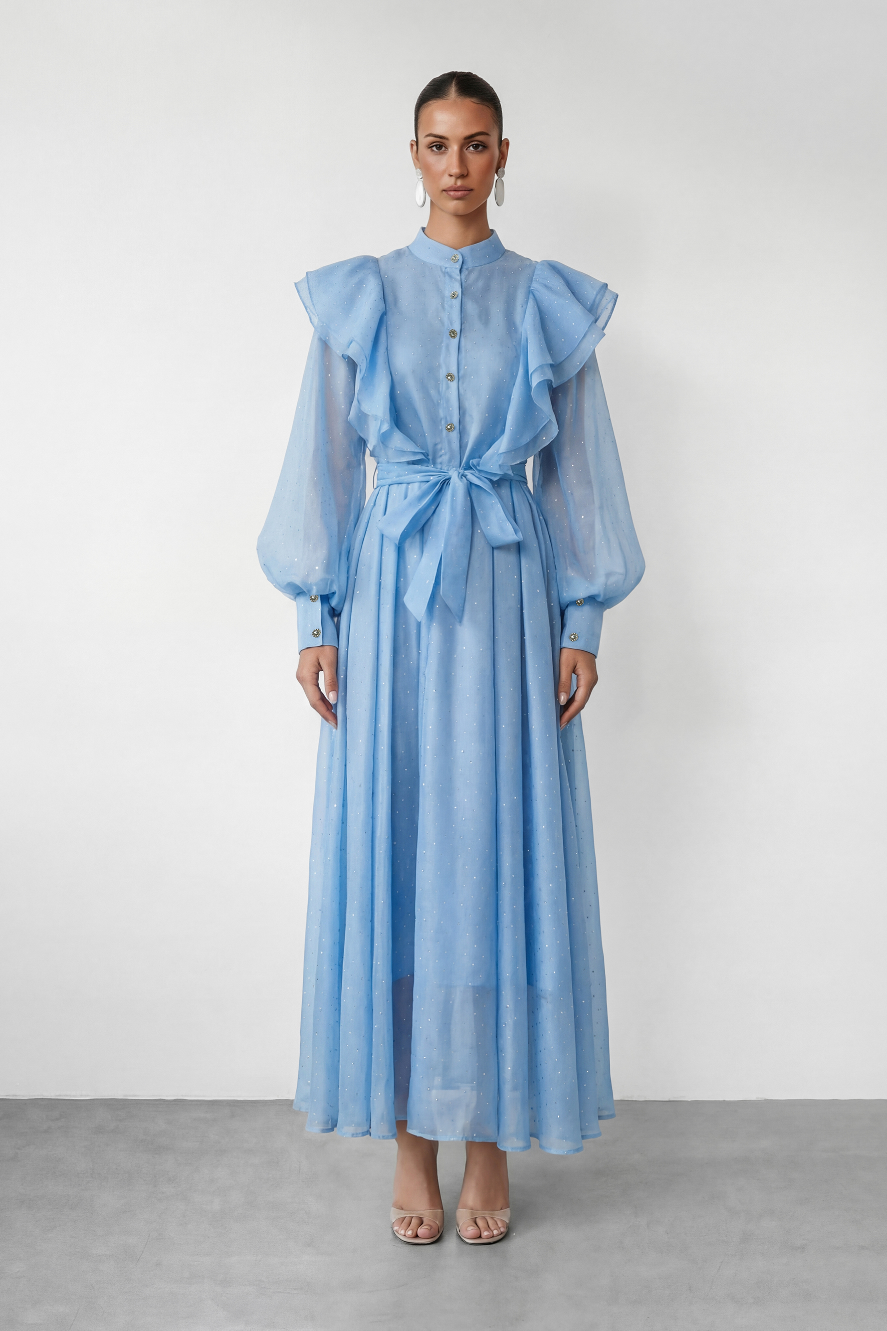 Soft Whisper Blue Rhinestone Ruffle Maxi Dress