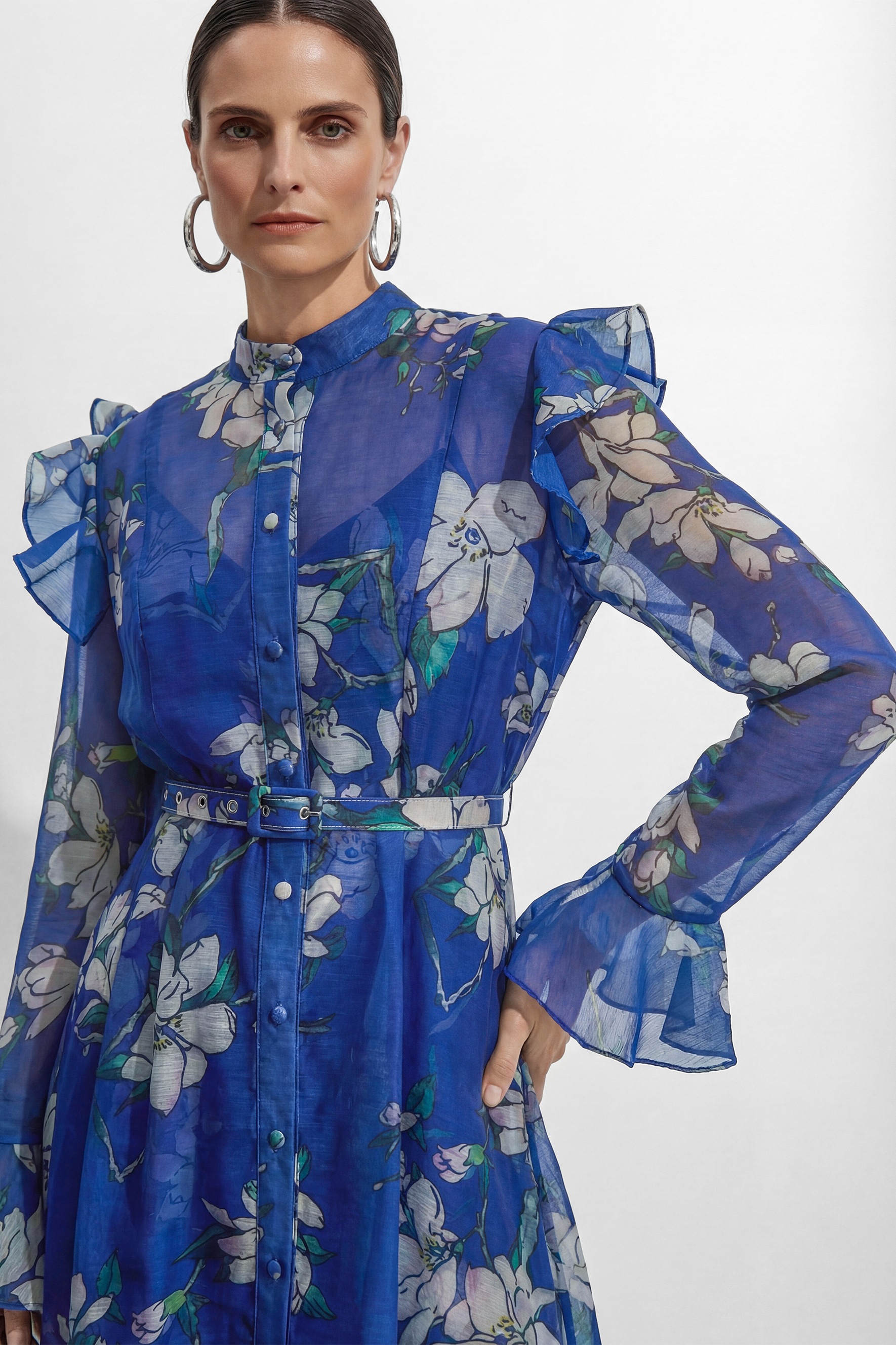 See The Vision Blue Floral Print Ruffle Maxi Dress