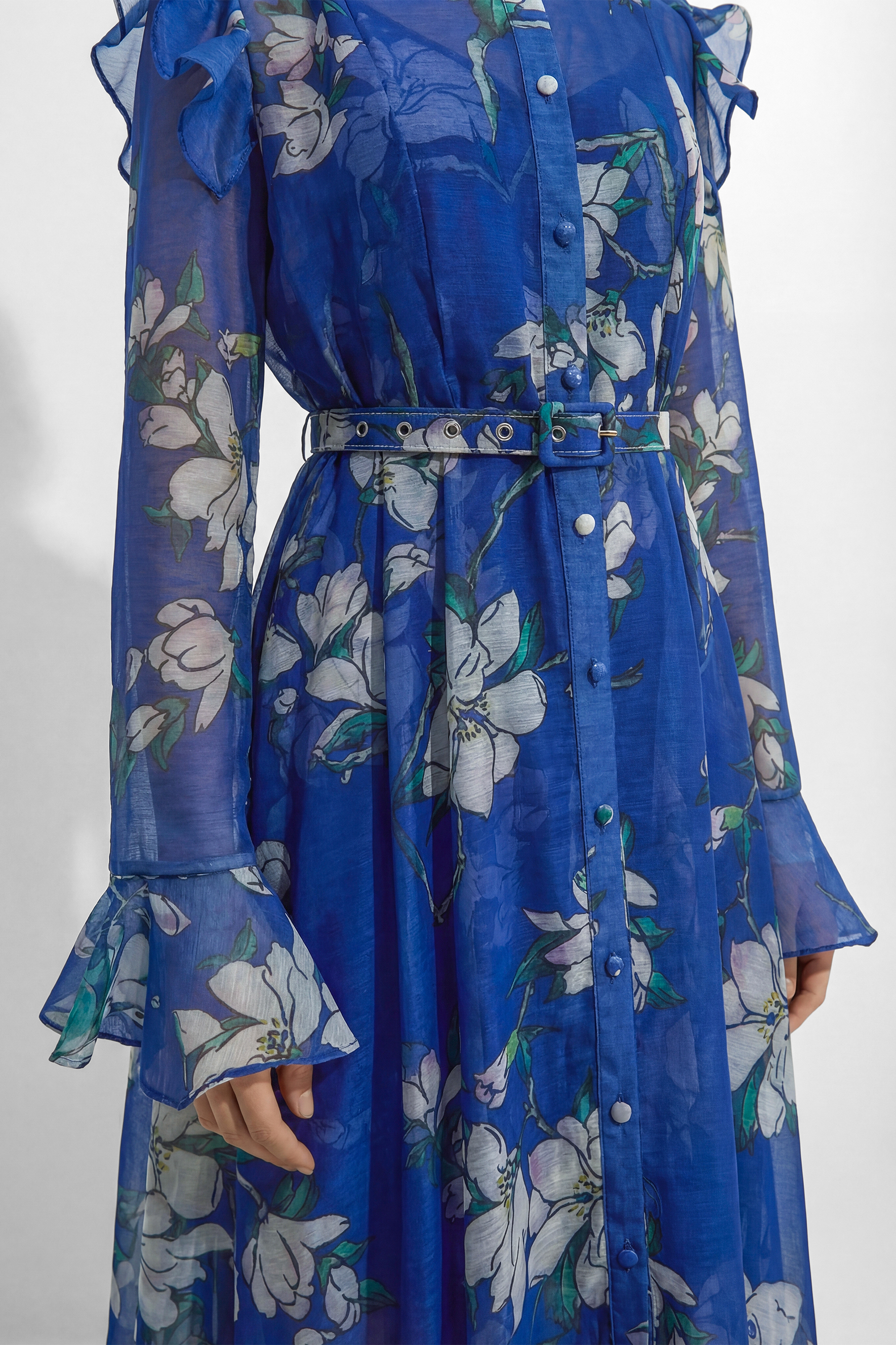 See The Vision Blue Floral Print Ruffle Maxi Dress