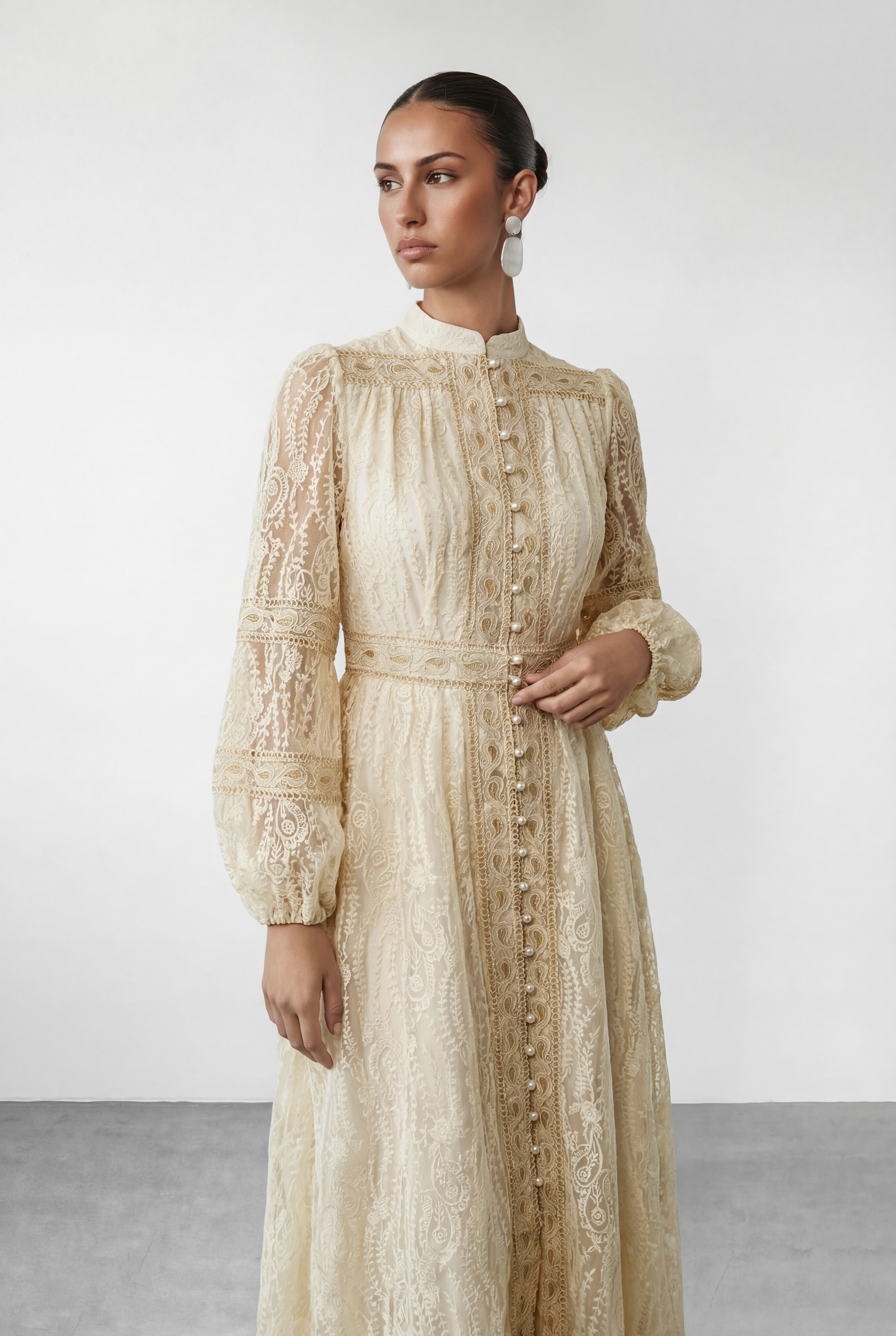 Attracted To You Beige Lace Stand Collar Lace Maxi Dress