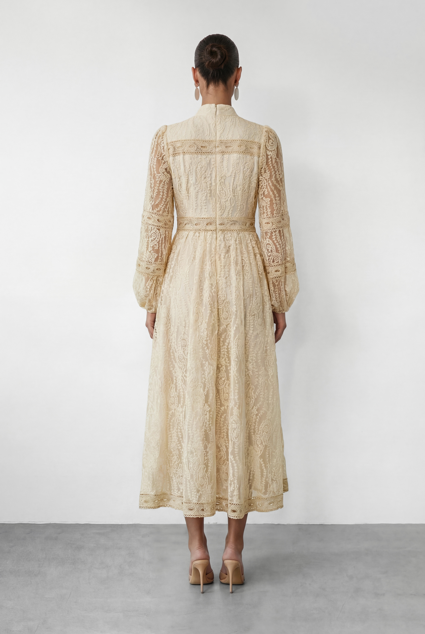 Attracted To You Beige Lace Stand Collar Lace Maxi Dress
