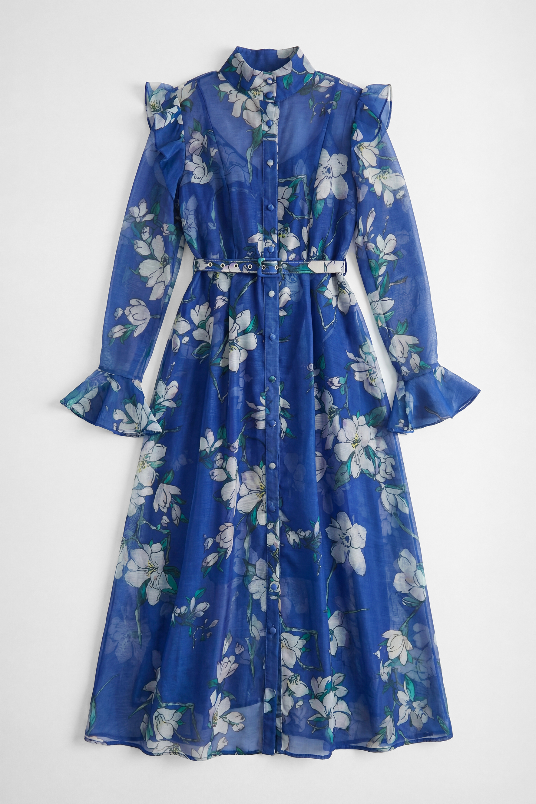 See The Vision Blue Floral Print Ruffle Maxi Dress