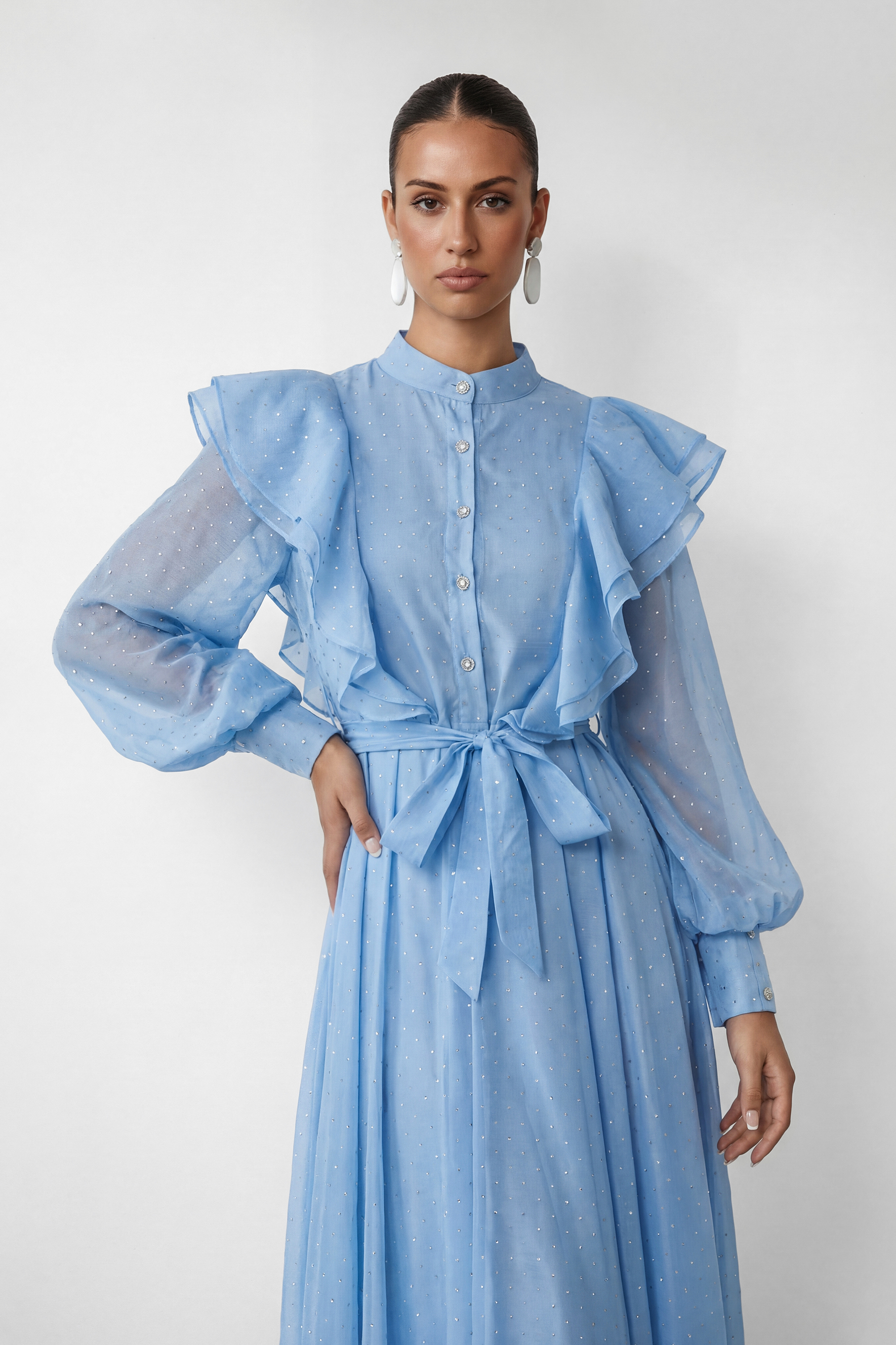 Soft Whisper Blue Rhinestone Ruffle Maxi Dress