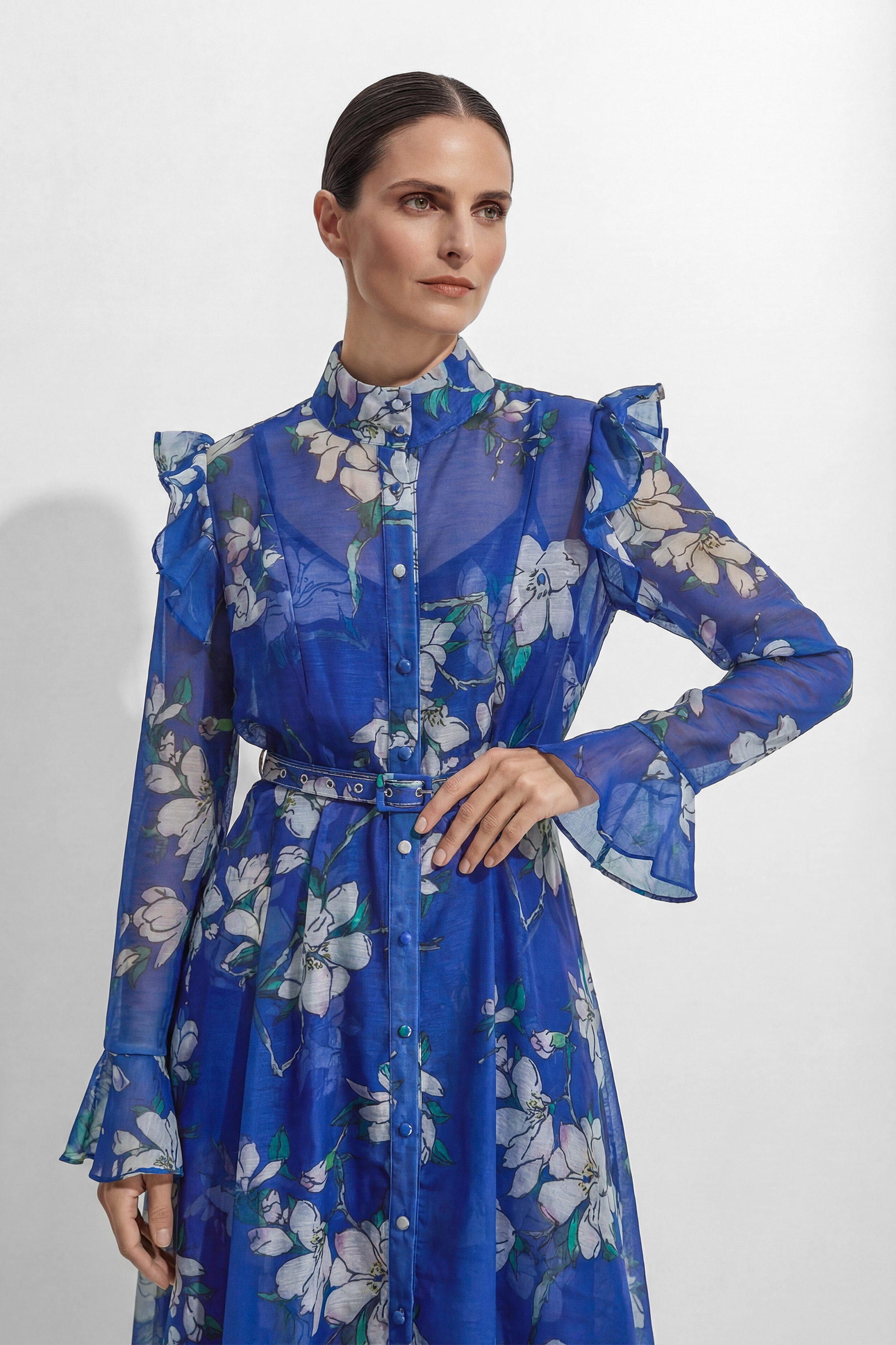 See The Vision Blue Floral Print Ruffle Maxi Dress