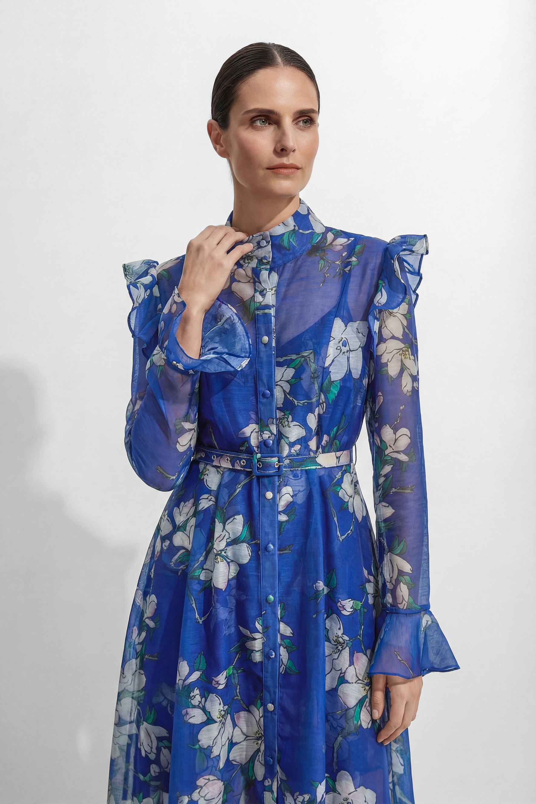 See The Vision Blue Floral Print Ruffle Maxi Dress