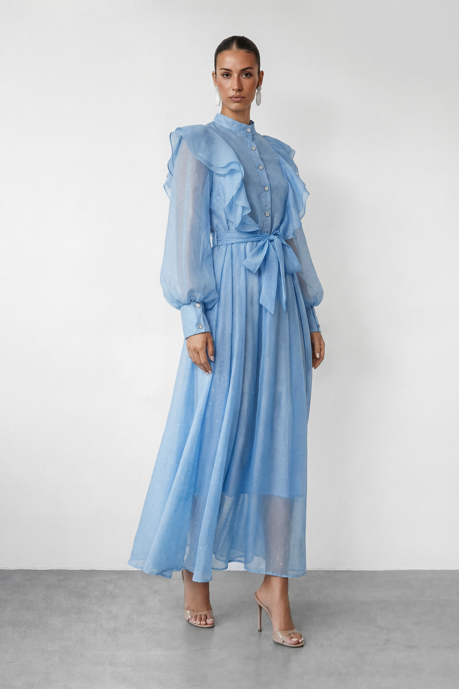 Soft Whisper Blue Rhinestone Ruffle Maxi Dress