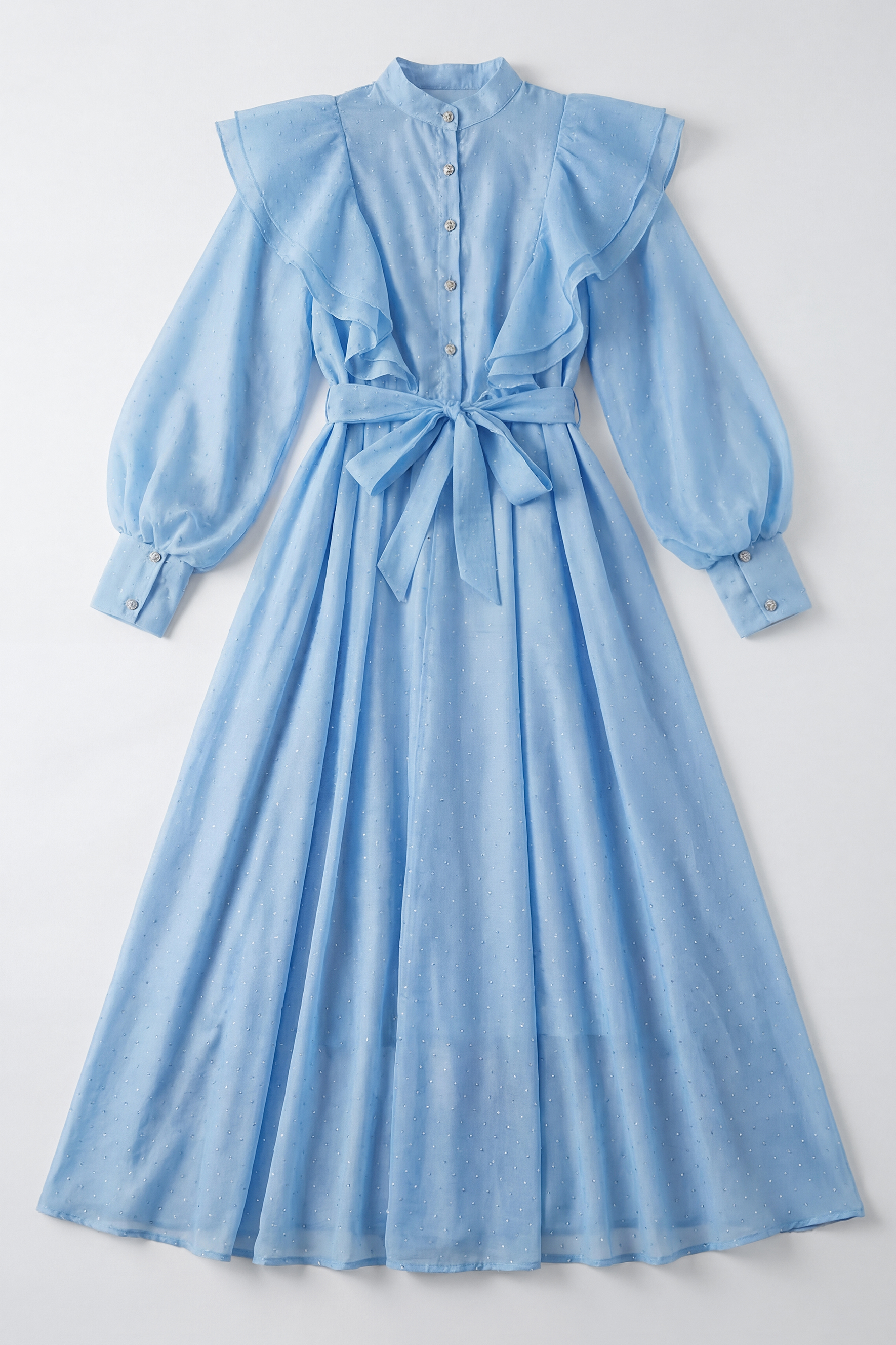 Soft Whisper Blue Rhinestone Ruffle Maxi Dress