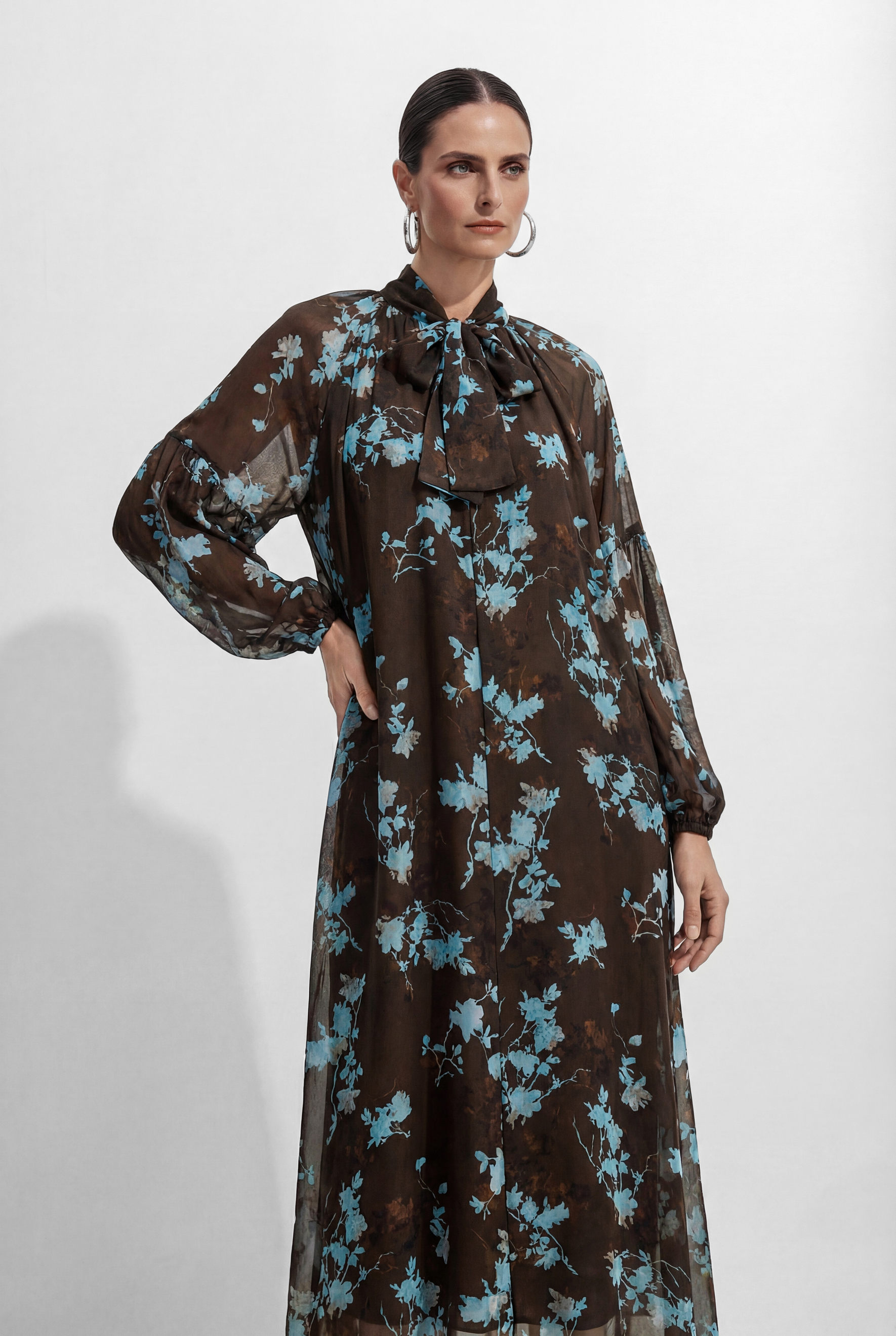 Your Own Muse Dark Brown Floral Print Sheer Sleeve Maxi Dress