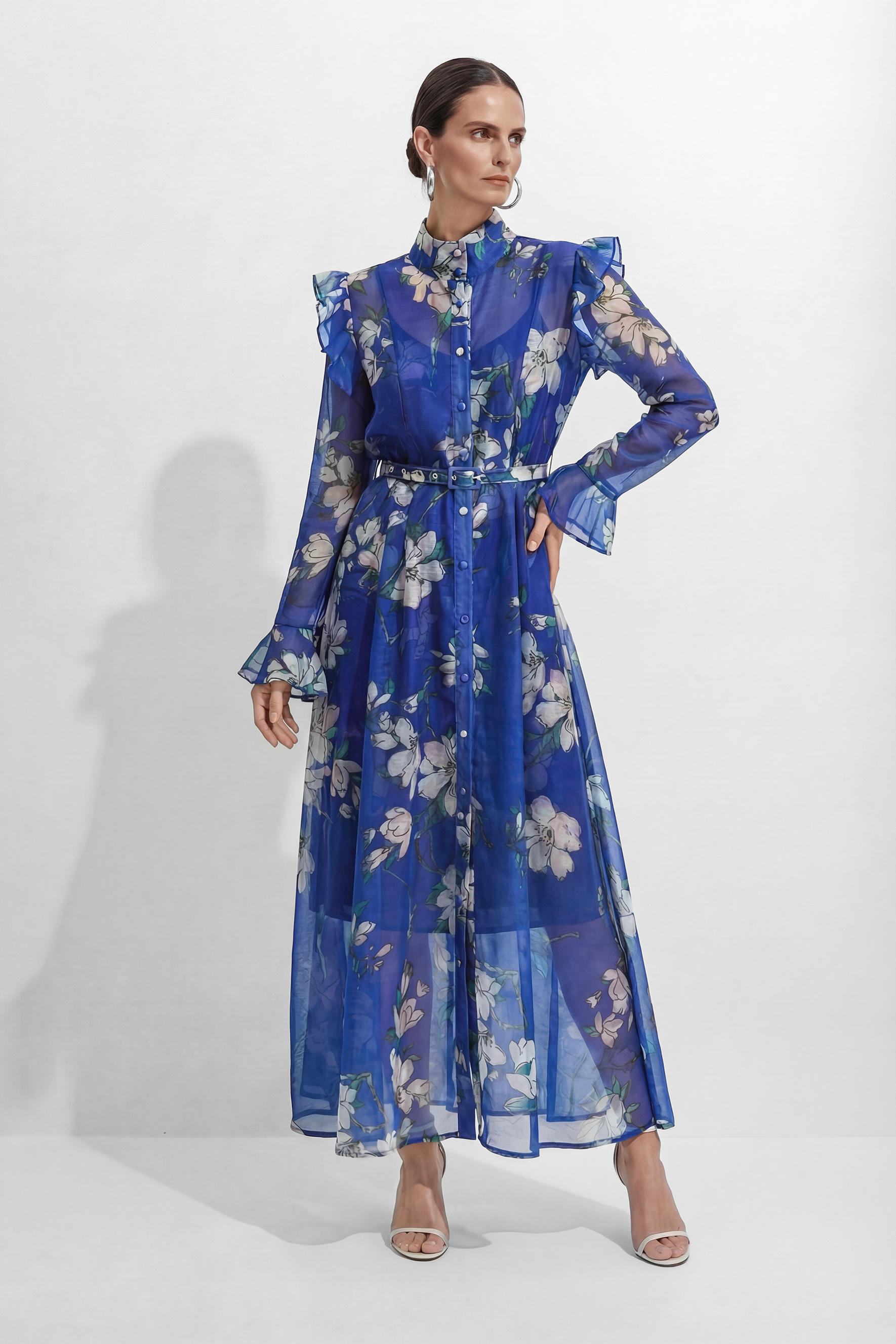 See The Vision Blue Floral Print Ruffle Maxi Dress