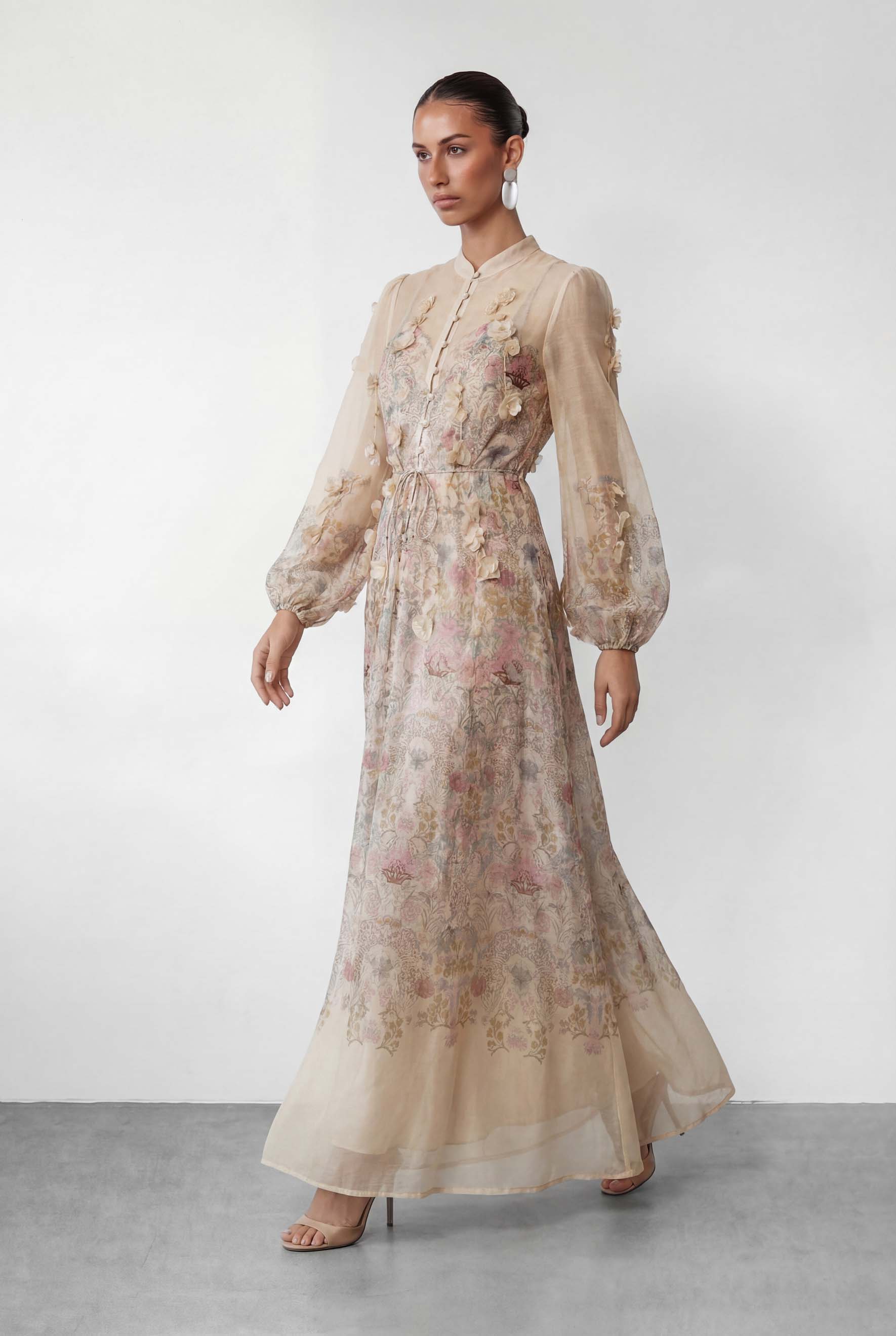 Precious Time Apricot Floral Applique Chiffon Maxi Dress