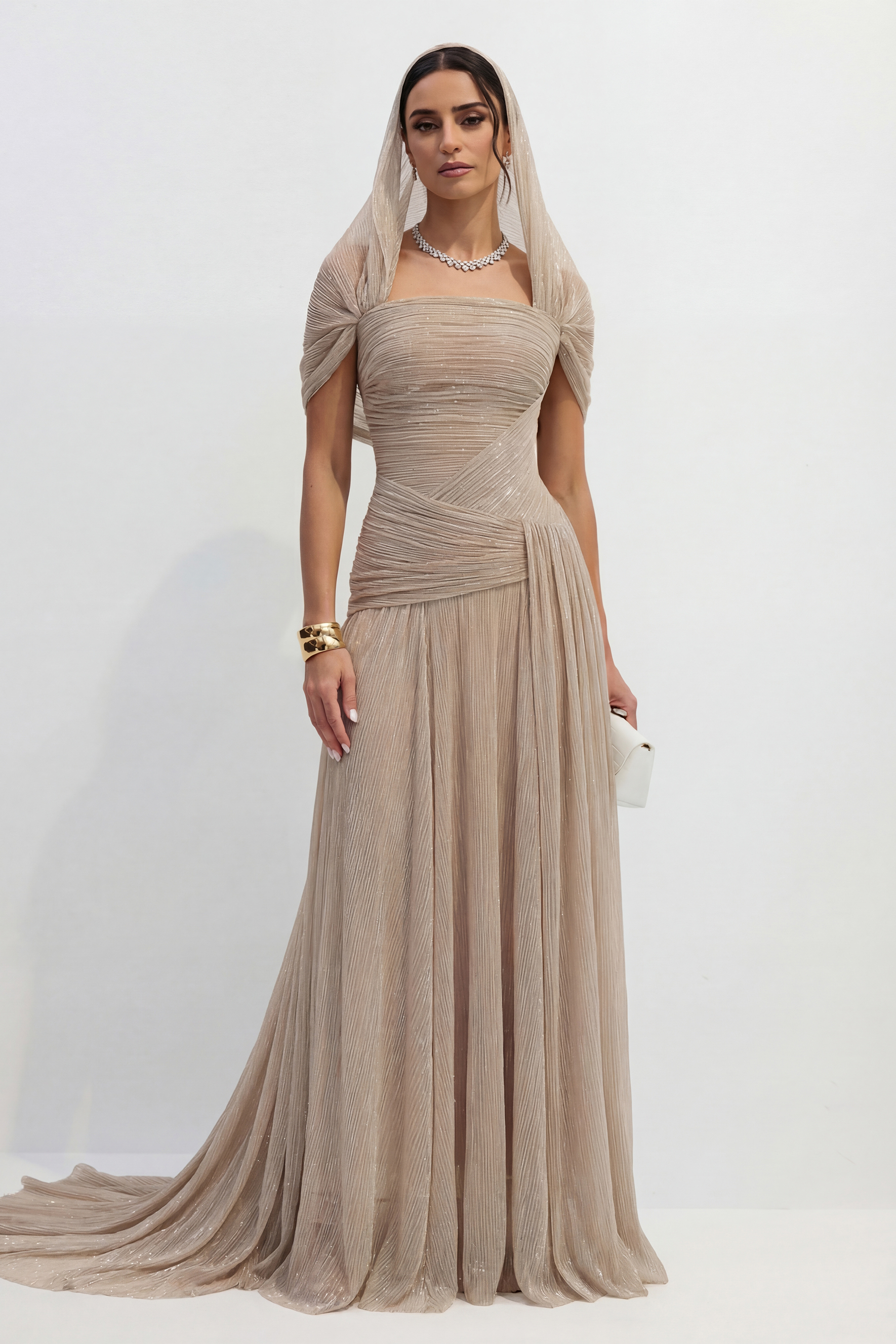 Totally Timeless Khaki Pleated Draped Strapless Maxi Dress