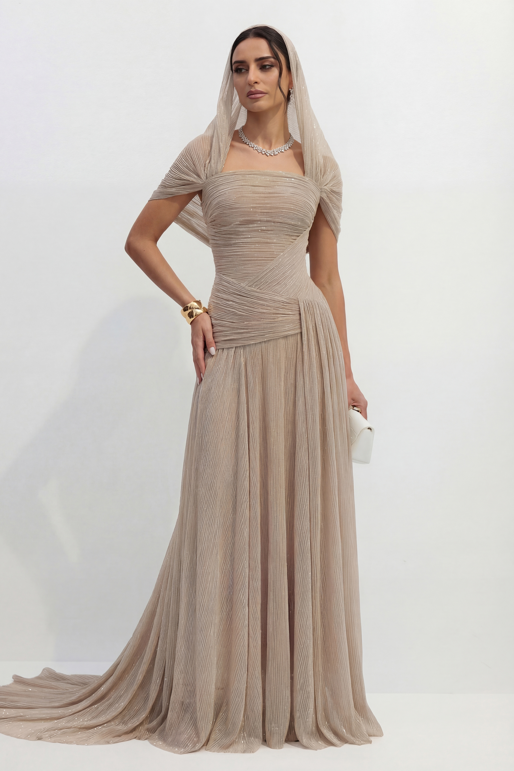 Totally Timeless Khaki Pleated Draped Strapless Maxi Dress