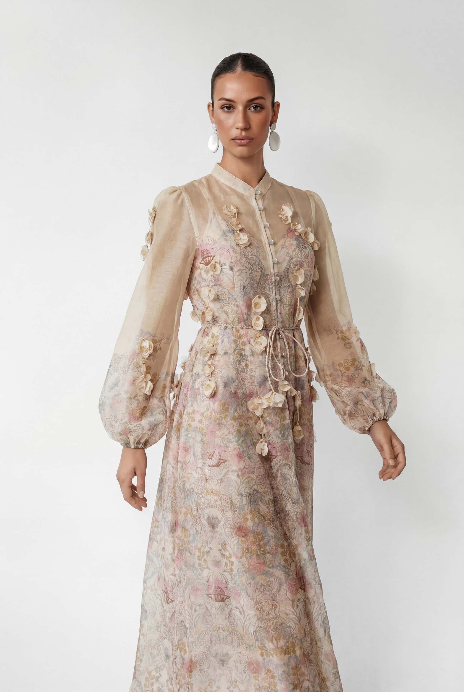 Precious Time Apricot Floral Applique Chiffon Maxi Dress