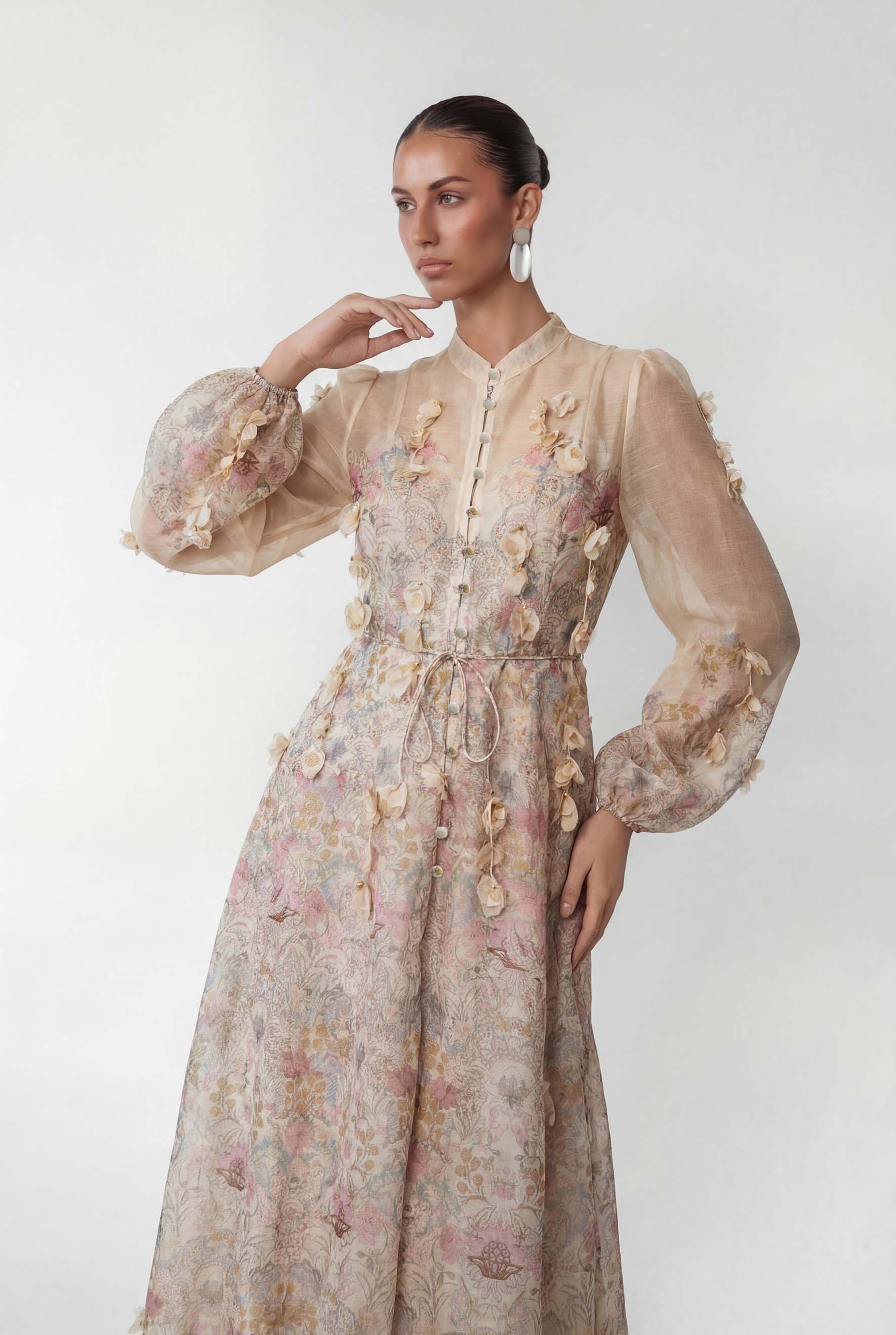Precious Time Apricot Floral Applique Chiffon Maxi Dress