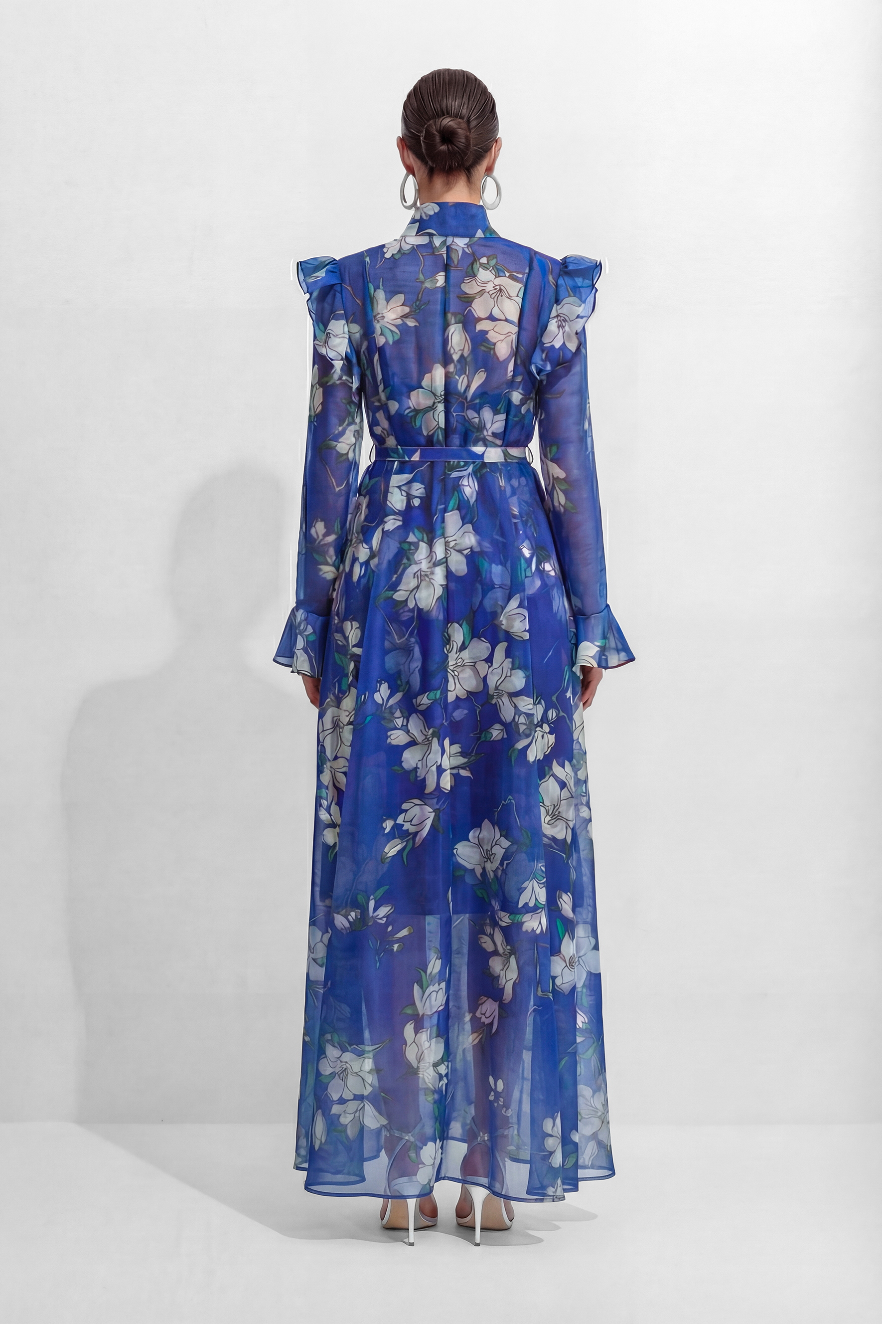See The Vision Blue Floral Print Ruffle Maxi Dress