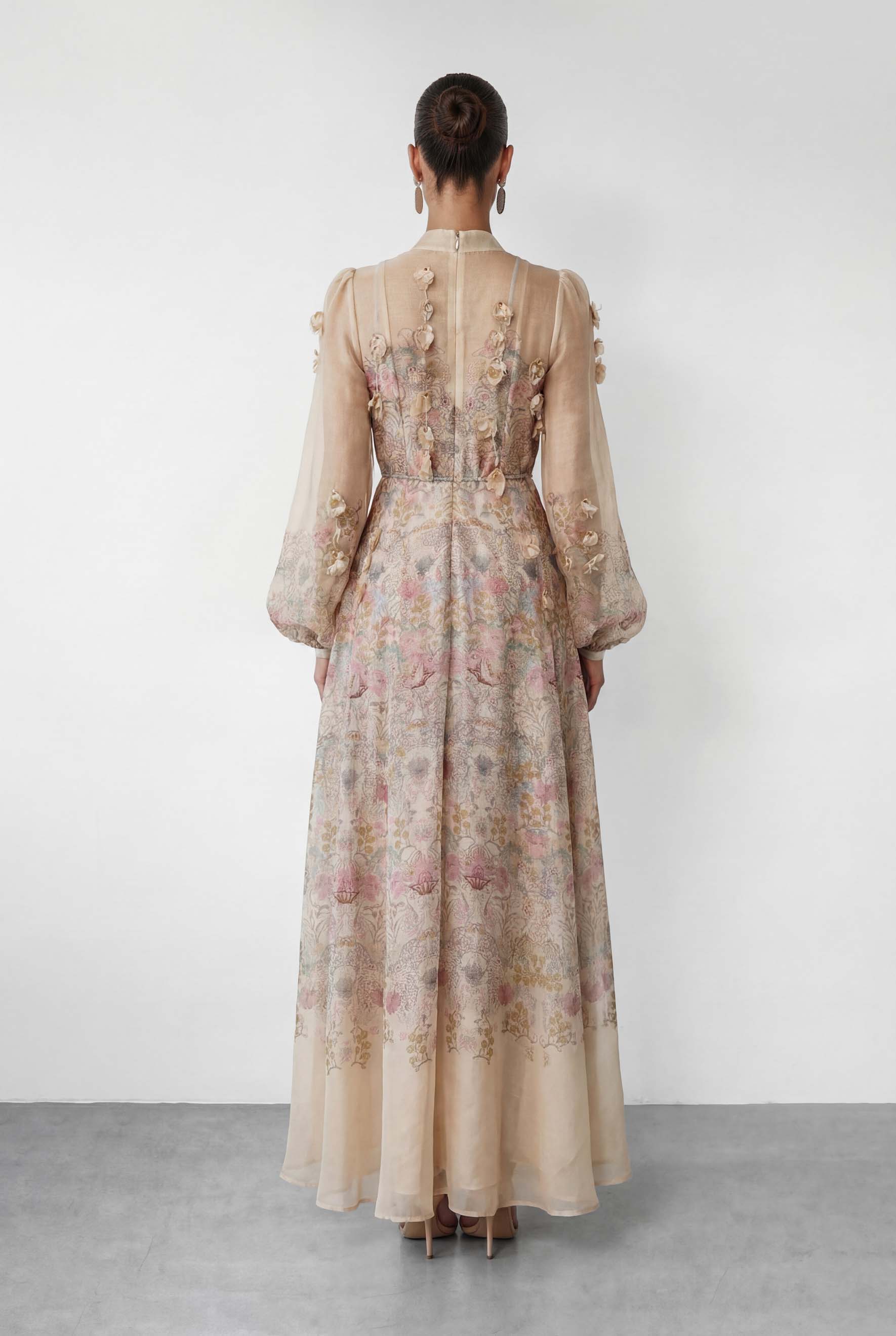 Precious Time Apricot Floral Applique Chiffon Maxi Dress
