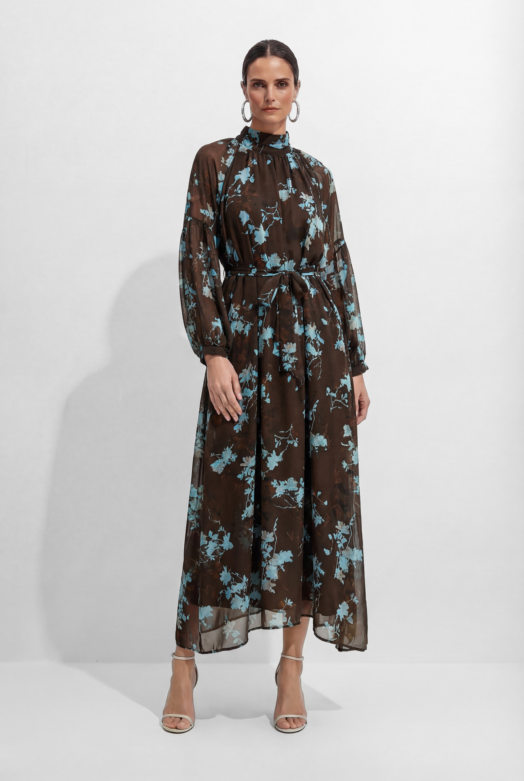 Your Own Muse Dark Brown Floral Print Sheer Sleeve Maxi Dress