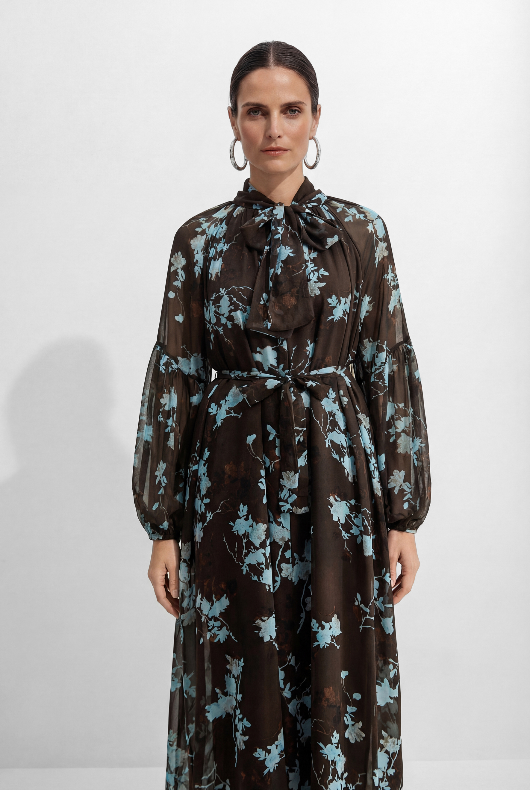 Your Own Muse Dark Brown Floral Print Sheer Sleeve Maxi Dress