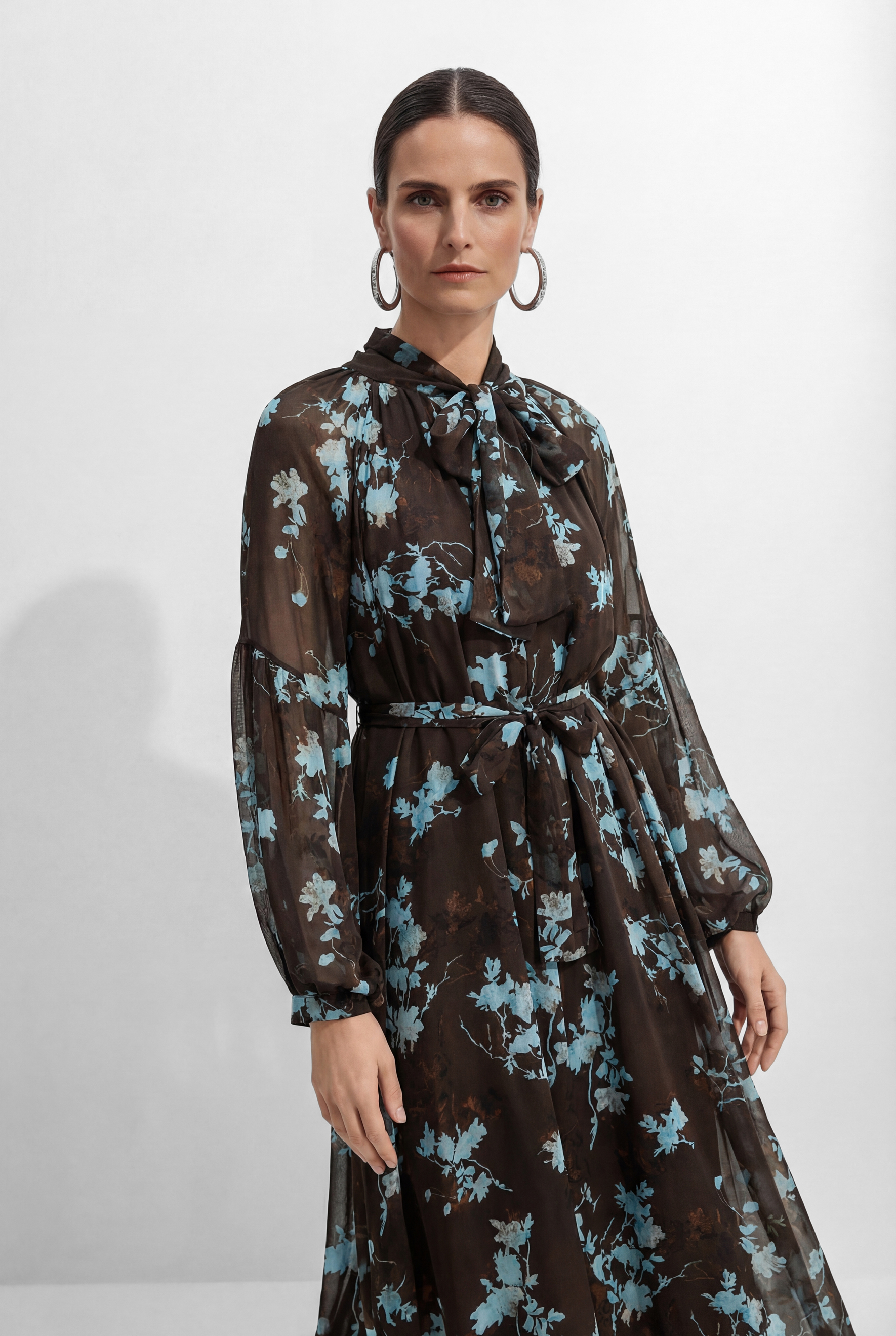 Your Own Muse Dark Brown Floral Print Sheer Sleeve Maxi Dress