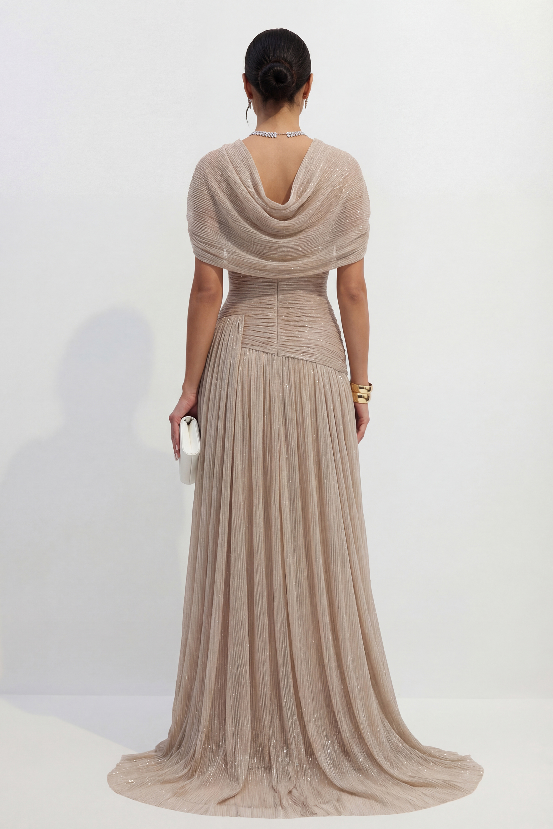 Totally Timeless Khaki Pleated Draped Strapless Maxi Dress