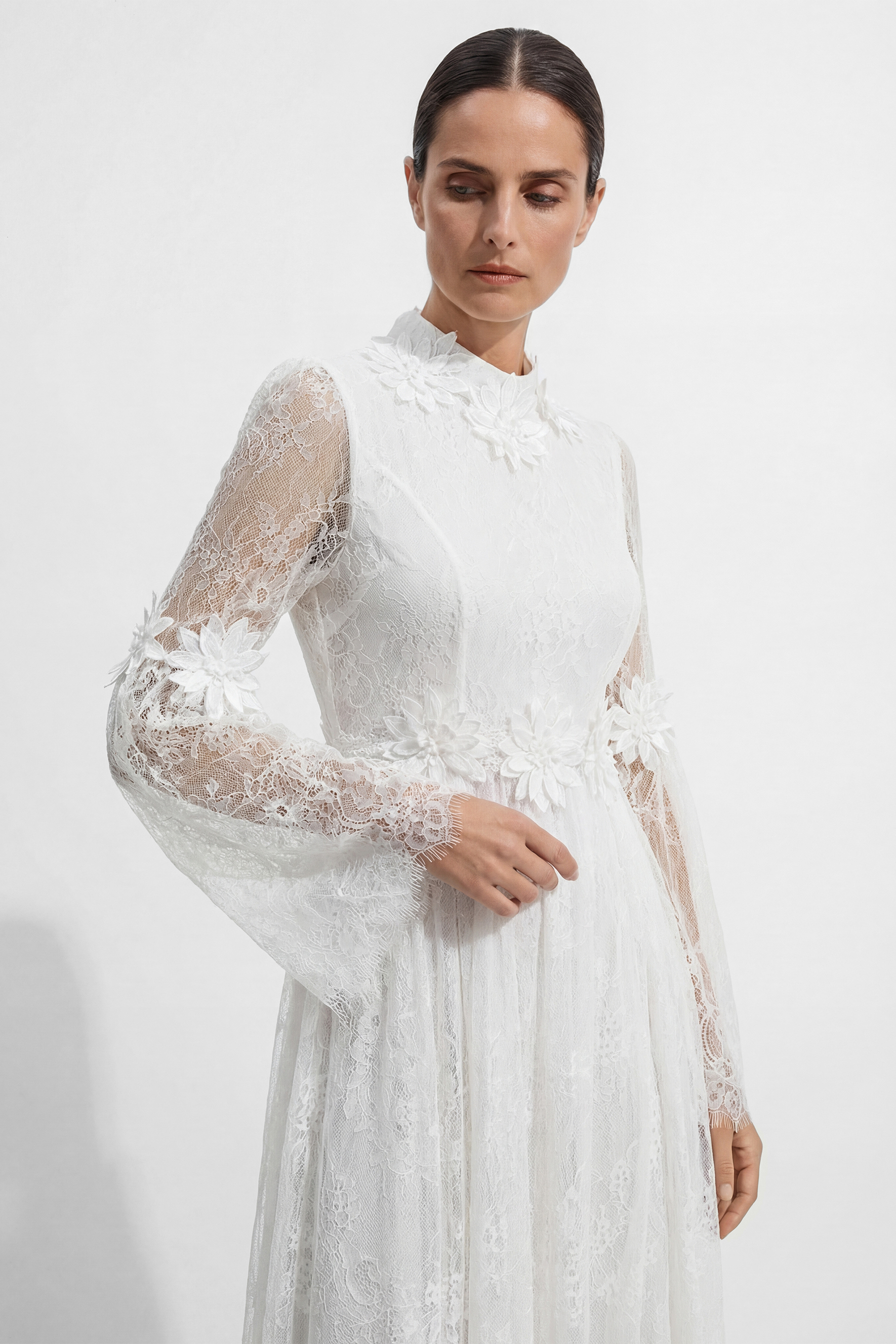 Bright Beauty White Floral Applique Sheer Lace Maxi Dress