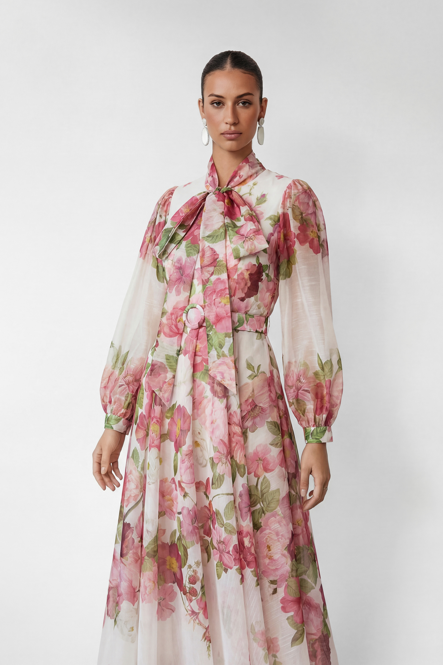 Sweet Blossom Pink Floral Print Bow Neck Maxi Dress