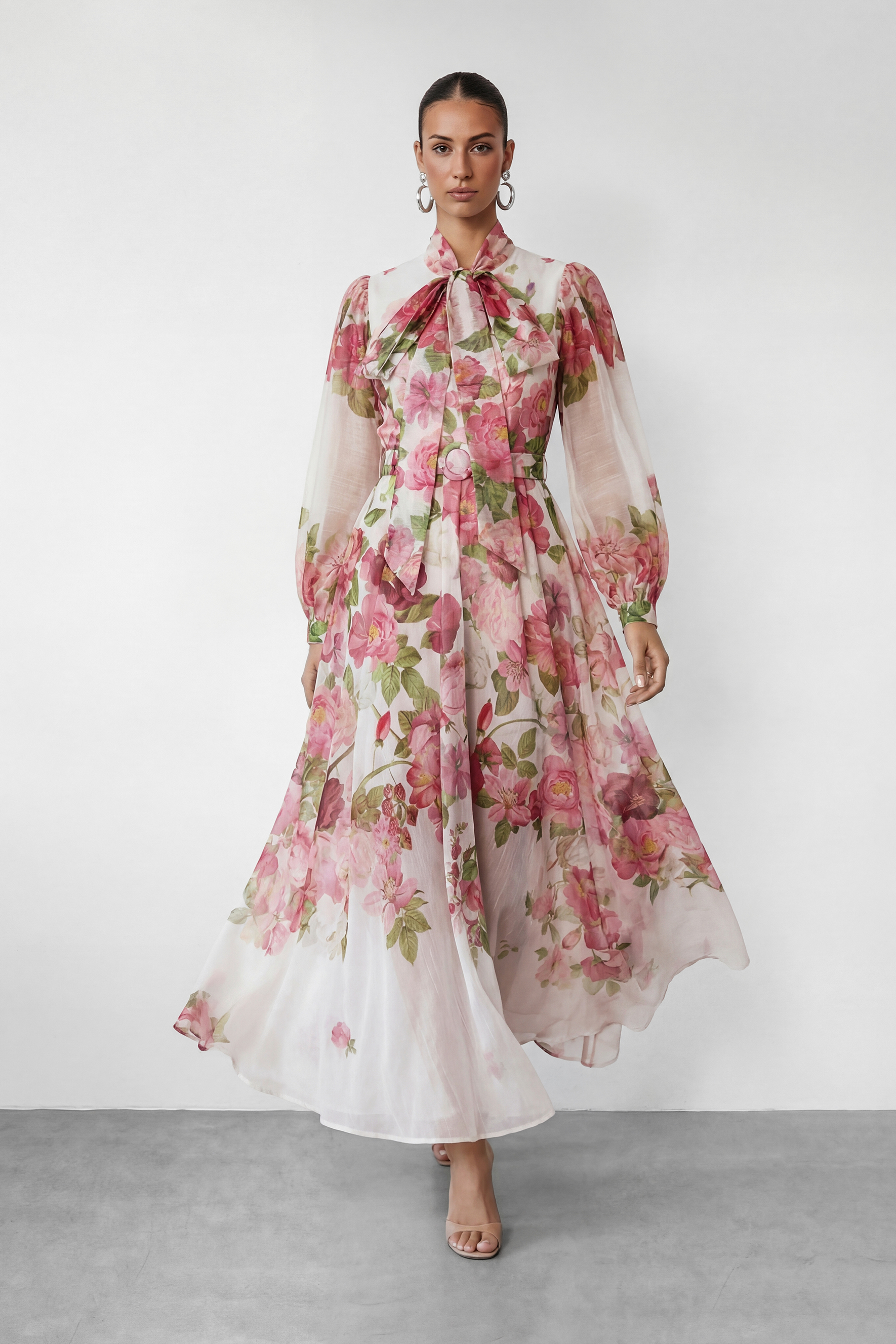 Sweet Blossom Pink Floral Print Bow Neck Maxi Dress