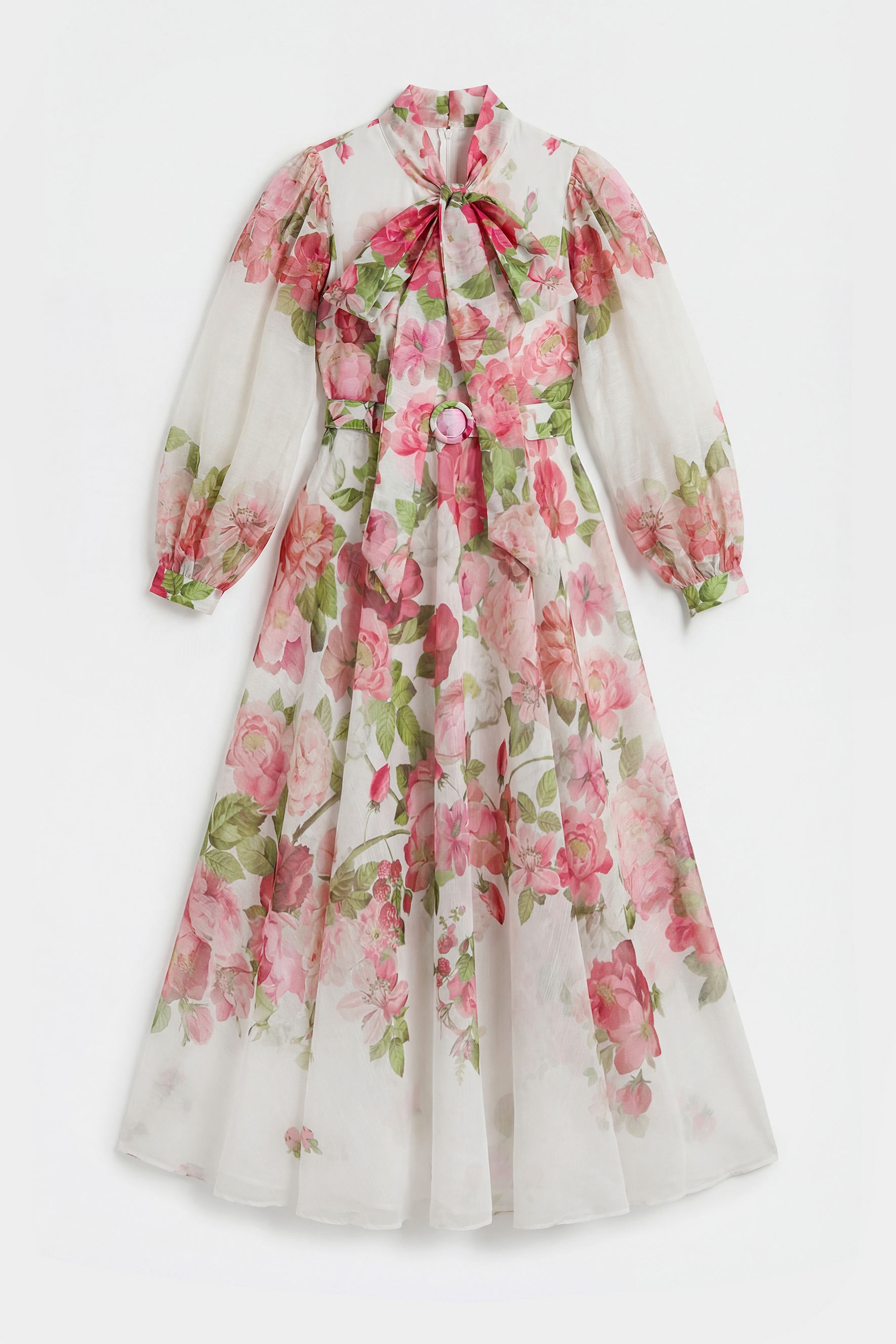 Sweet Blossom Pink Floral Print Bow Neck Maxi Dress