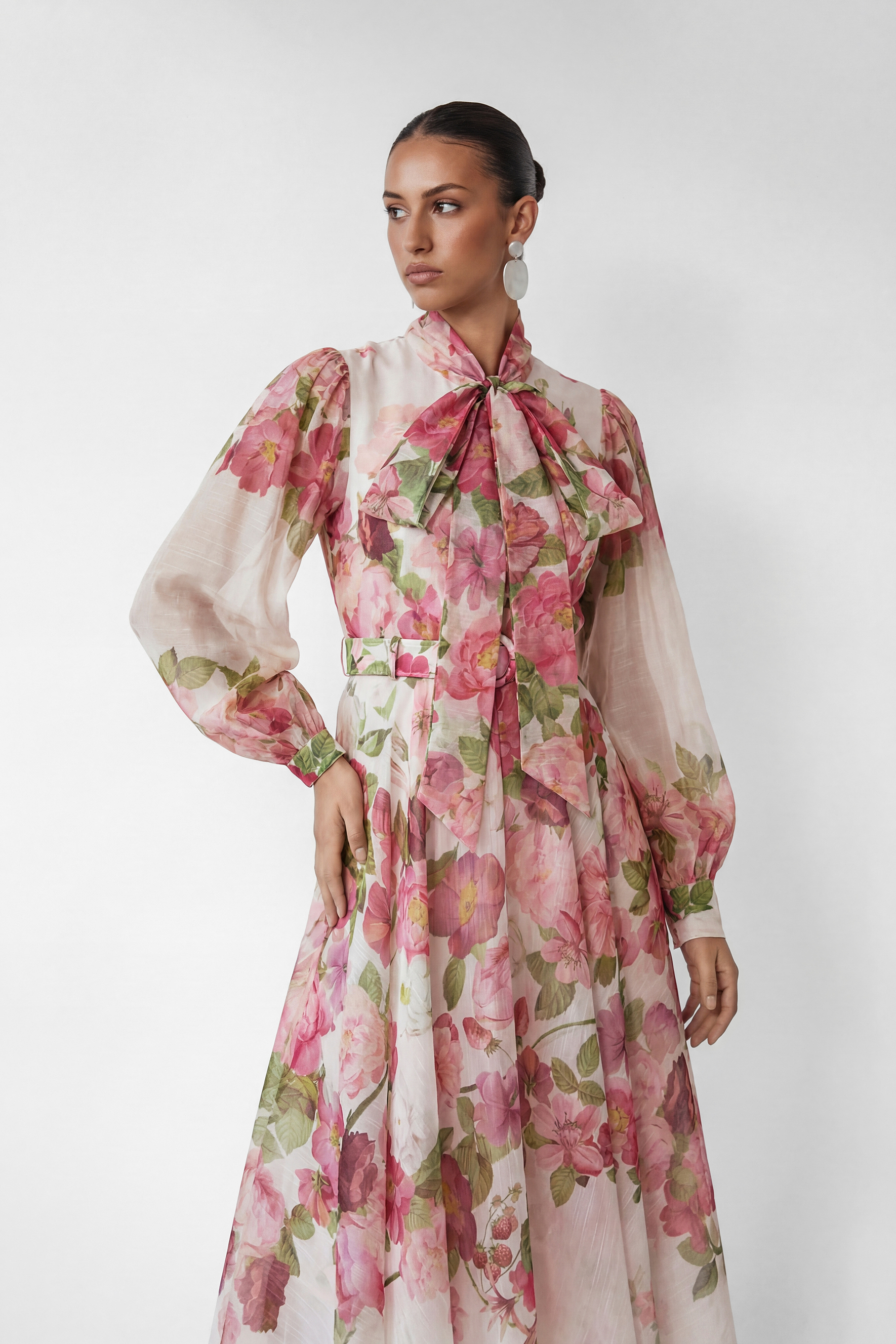 Sweet Blossom Pink Floral Print Bow Neck Maxi Dress