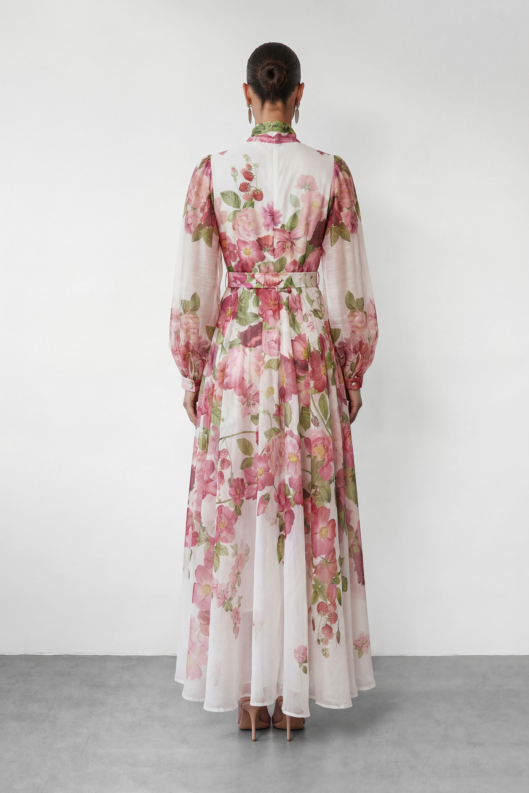 Sweet Blossom Pink Floral Print Bow Neck Maxi Dress