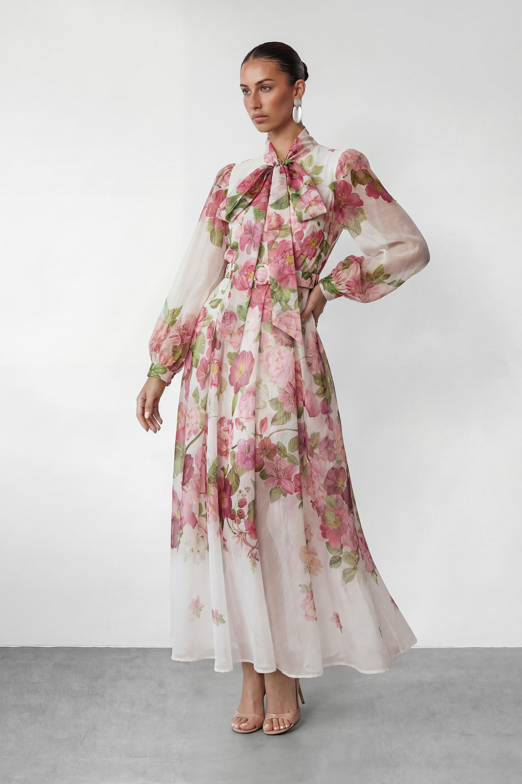 Sweet Blossom Pink Floral Print Bow Neck Maxi Dress