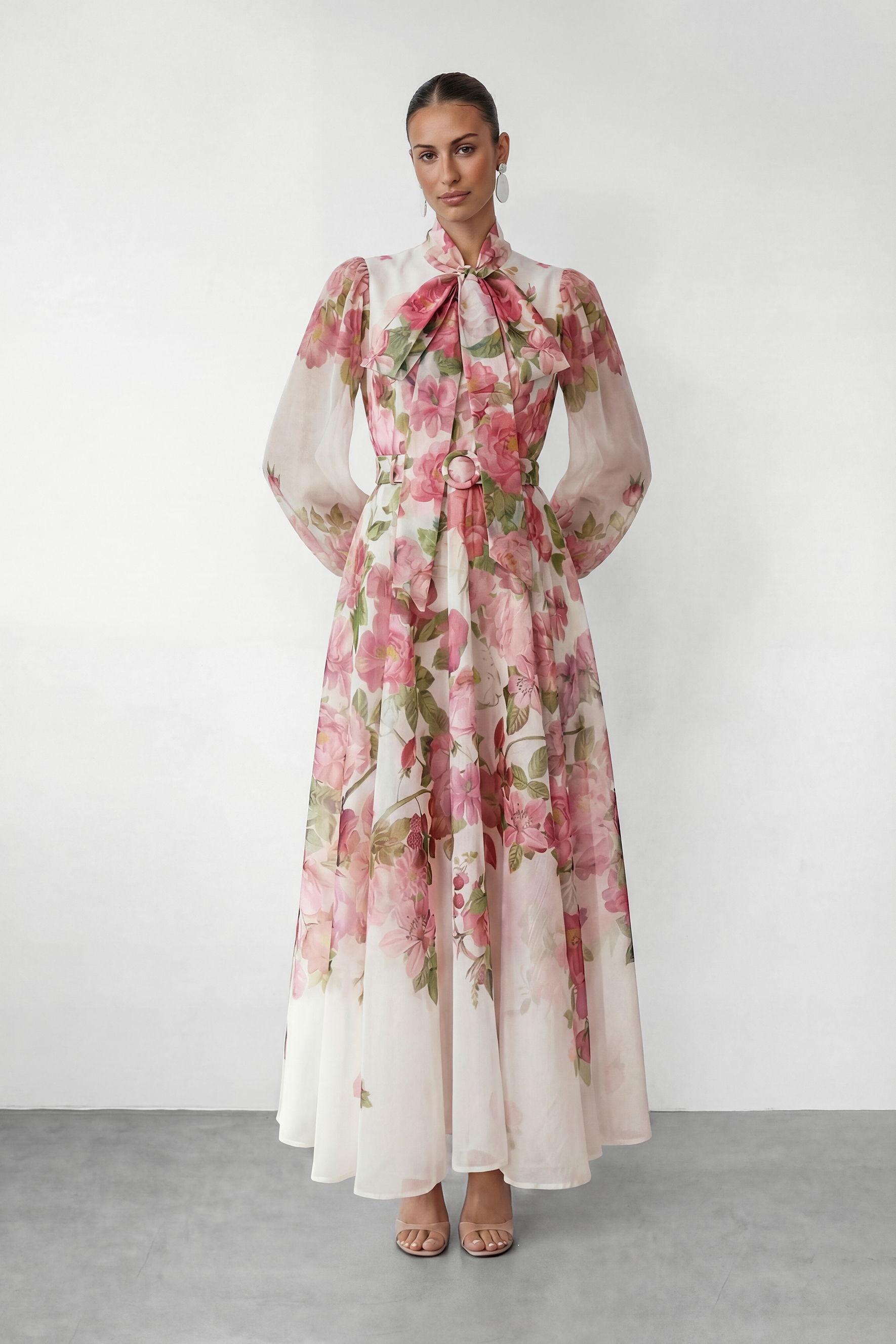 Sweet Blossom Pink Floral Print Bow Neck Maxi Dress