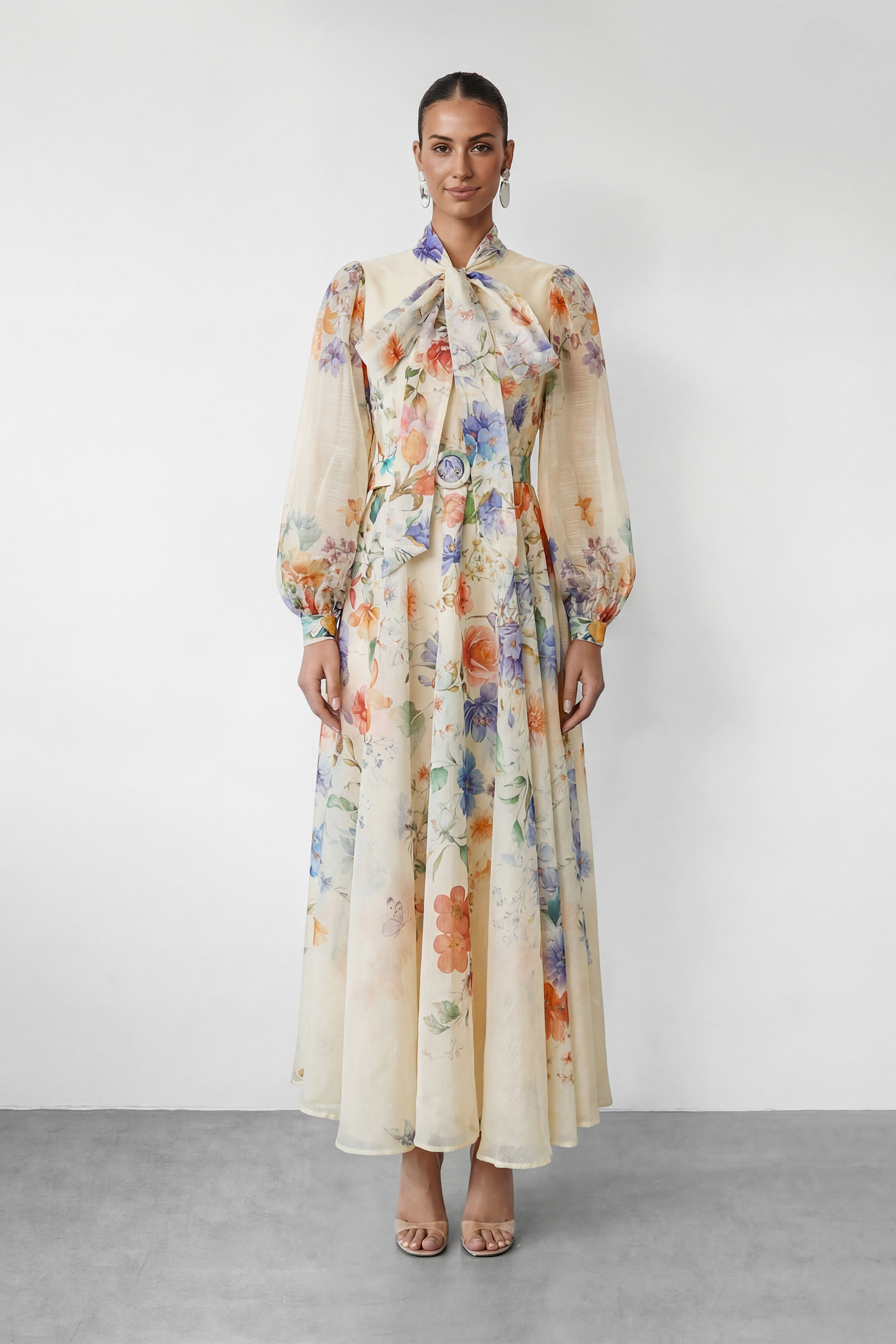 Pretty Darling Beige Floral Print Puff Sleeve Maxi Dress